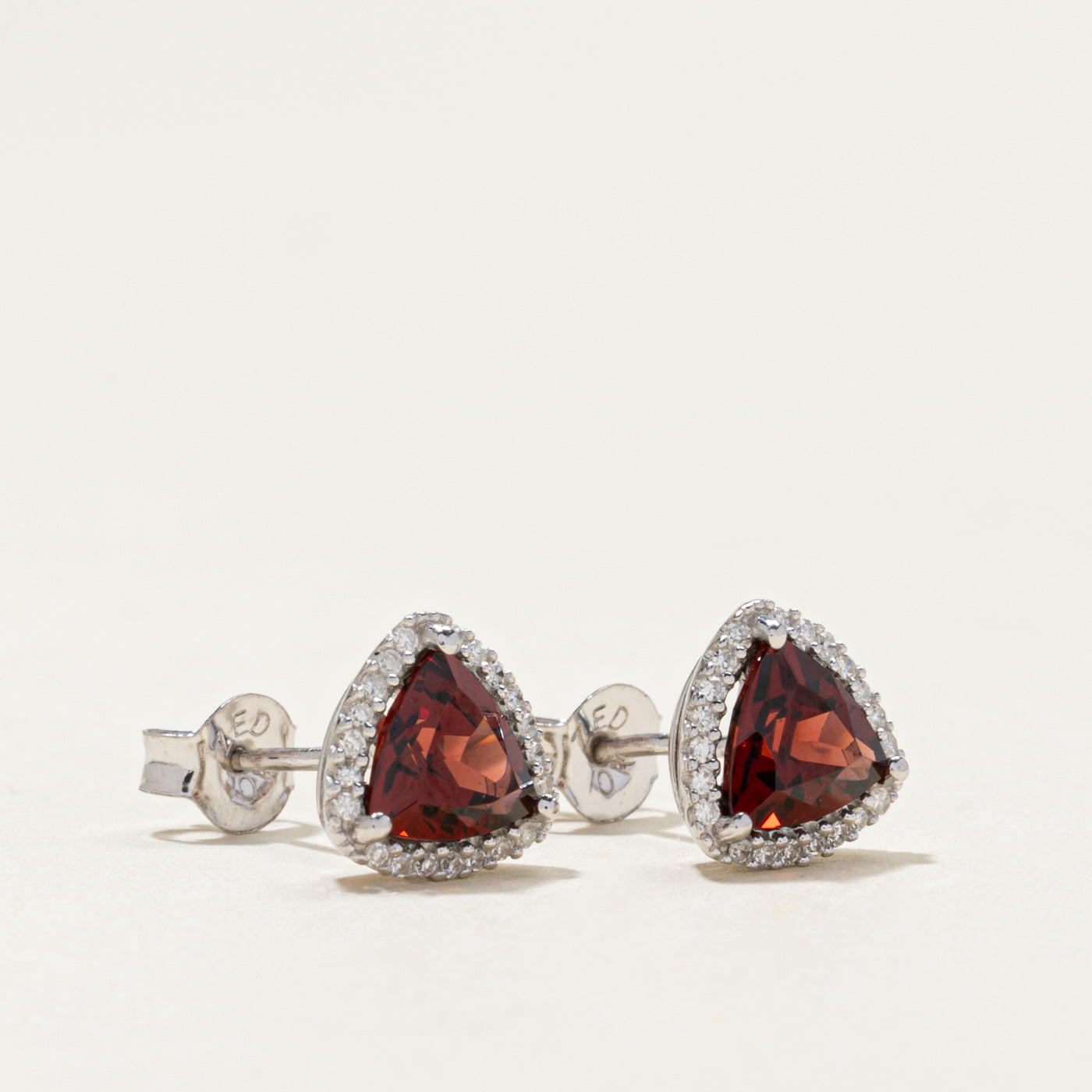 Trillion Cut Garnet & Diamond Halo Stud Earrings | 1.10ctw, 0.05ctw
