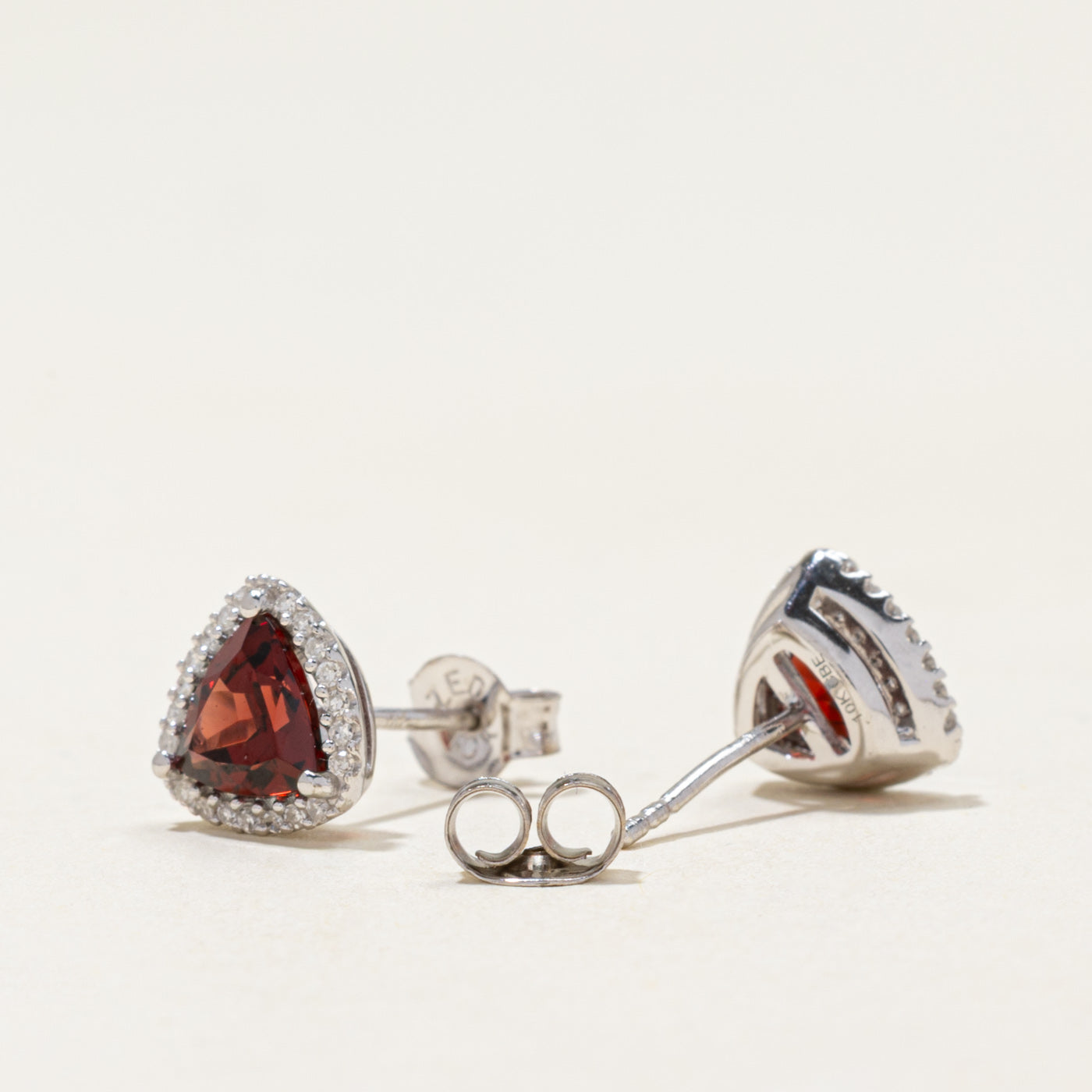 Trillion Cut Garnet & Diamond Halo Stud Earrings | 1.10ctw, 0.05ctw