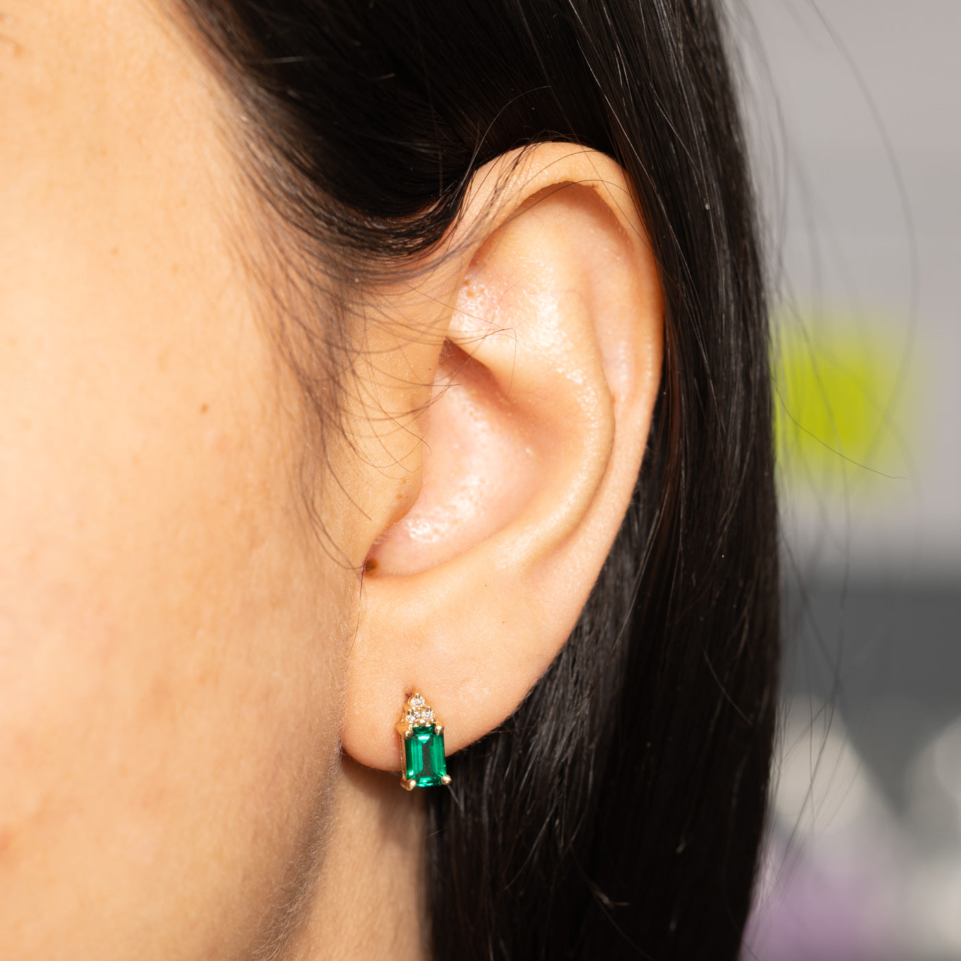 14k Synthetic Emerald & Natural Diamond Stud Earrings | 1.00ctw, 0.03ctw