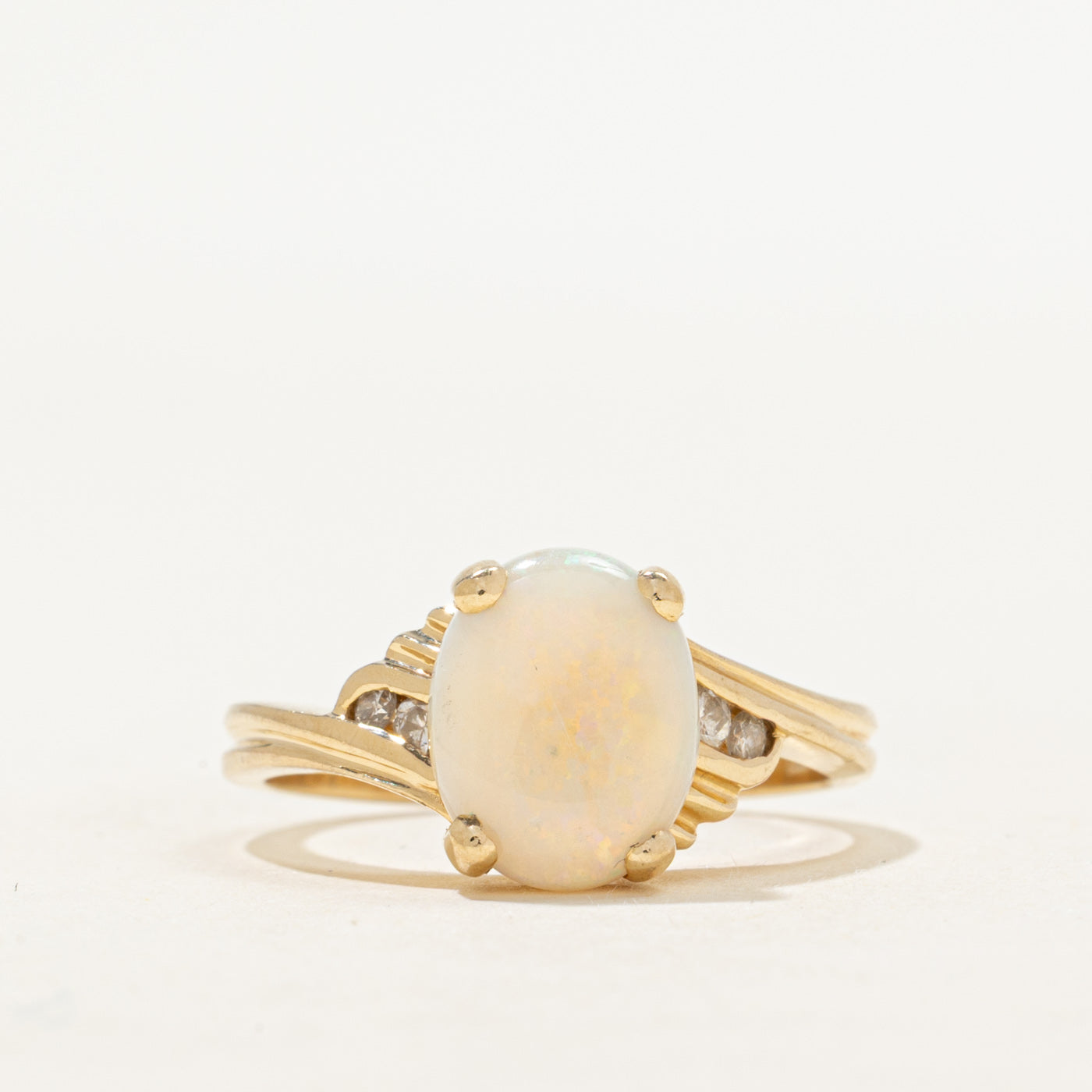 Cabochon Opal & Diamond Grooved Bypass Ring | 1.25ct, 0.08ctw | SZ 7.25