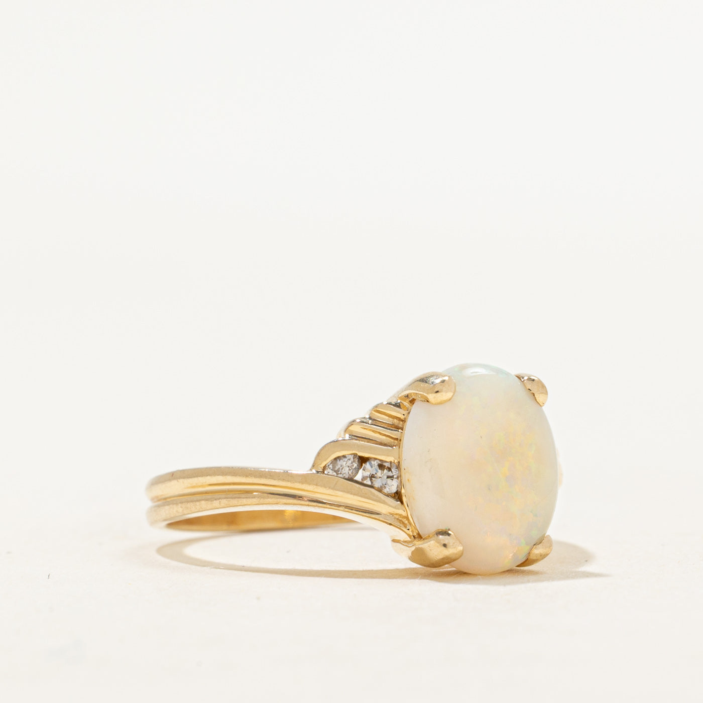 Cabochon Opal & Diamond Grooved Bypass Ring | 1.25ct, 0.08ctw | SZ 7.25