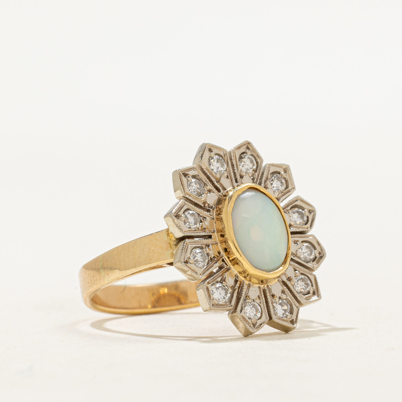 Bezel Set Opal & Diamond Floral Cocktail Ring | 0.57ct, 0.36ctw | SZ 6.5