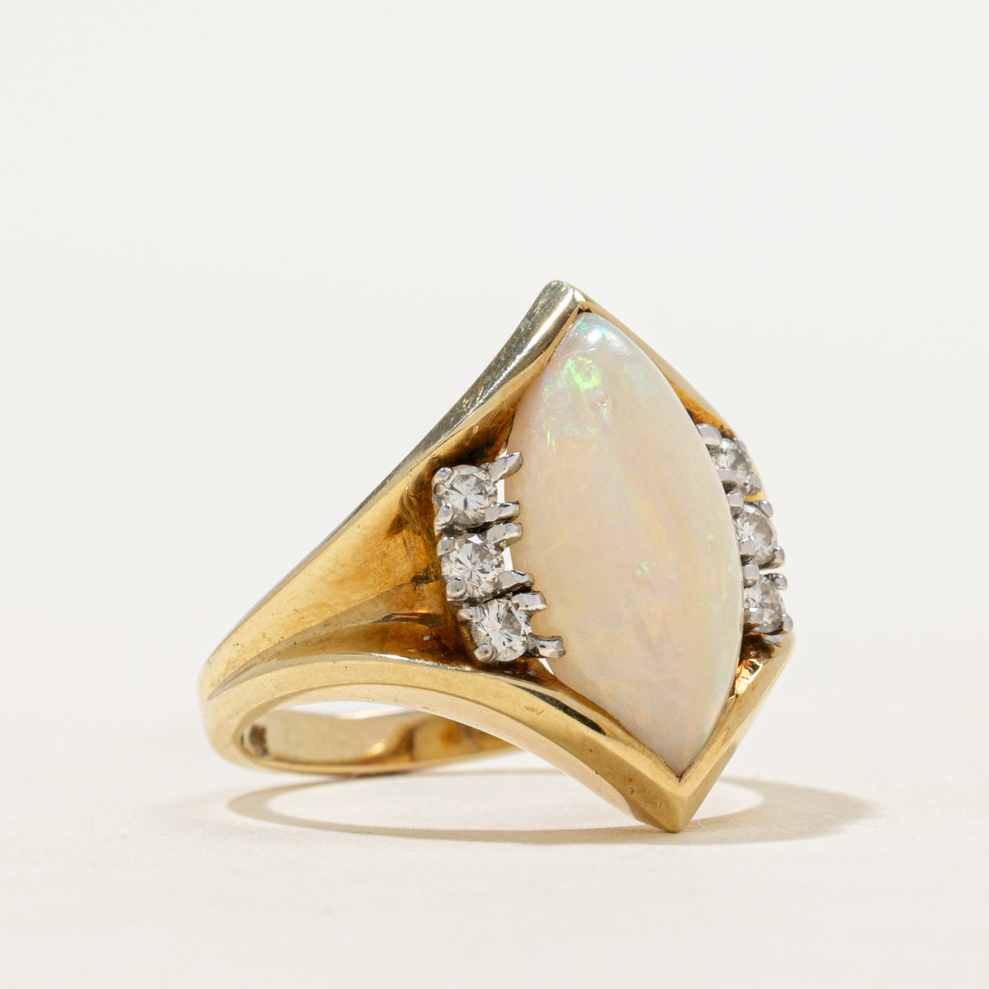 Marquise Cabochon Opal & Diamond Cocktail Ring | 3.50ct, 0.24ctw | SZ 5.5