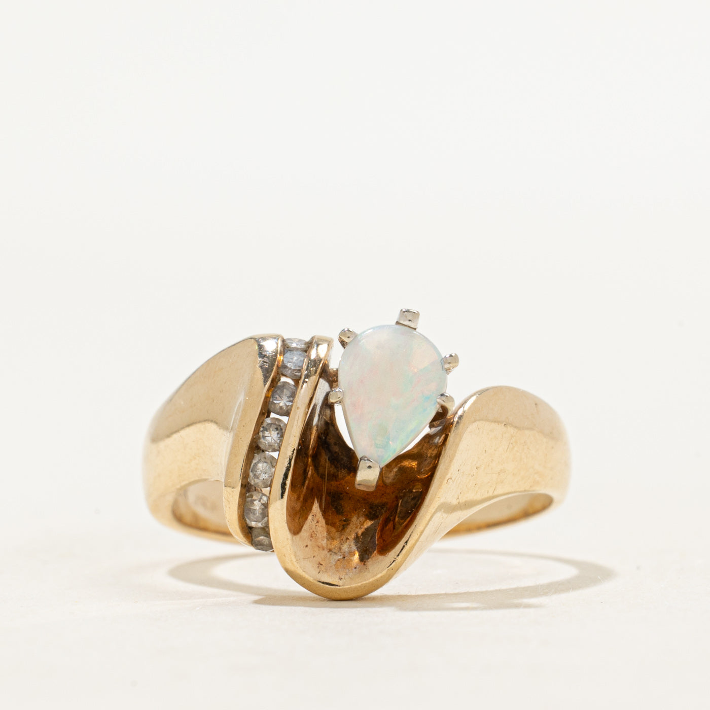 Pear Cabochon Opal Diamond Abstract Ring SZ