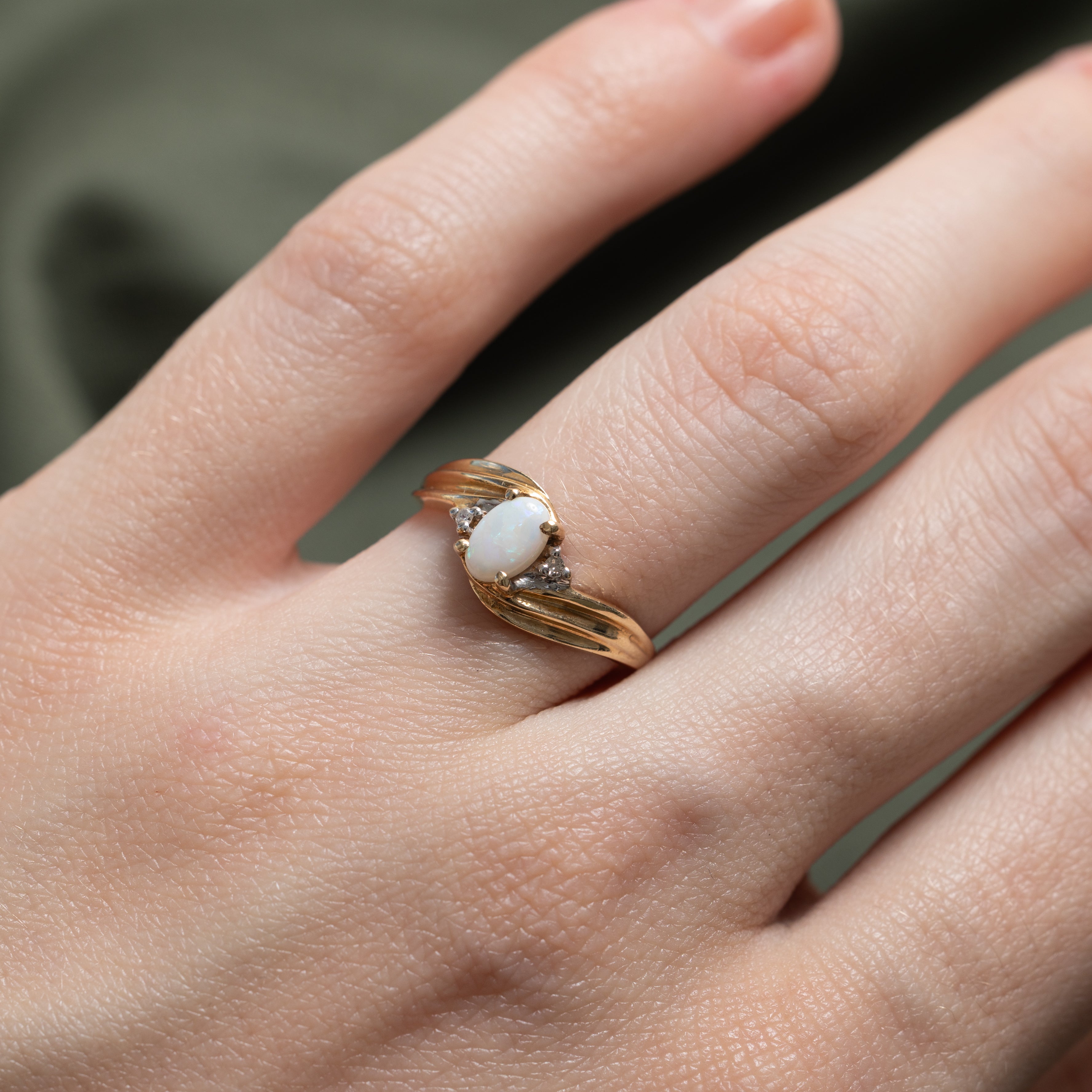 Cabochon Opal & Diamond Grooved Bypass Ring | 0.28ct, 0.02ctw | SZ 5.25