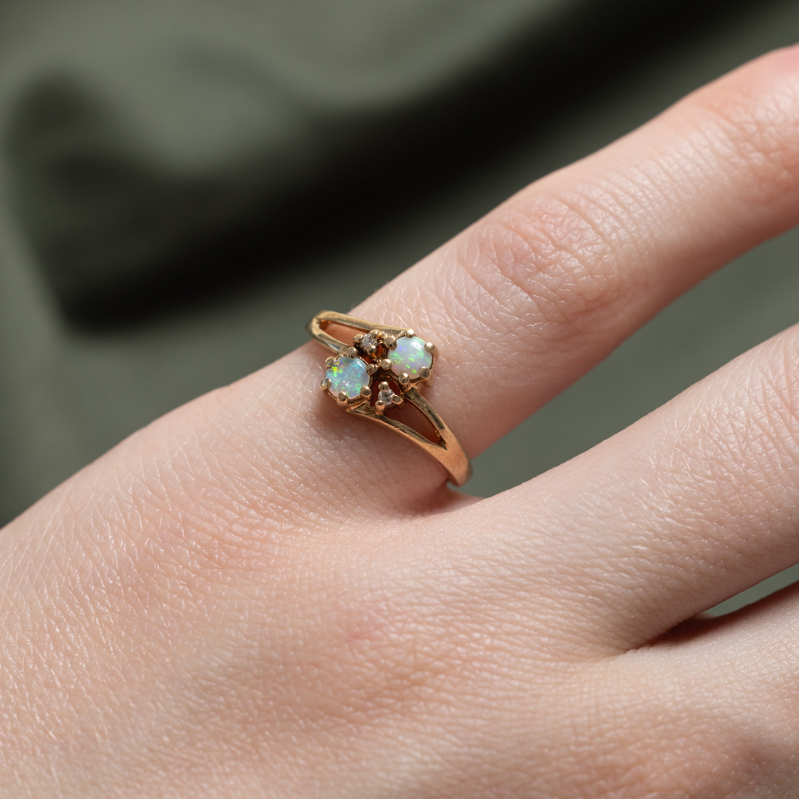 Two Stone Opal & Diamond Open Bypass Ring | 0.20ctw, 0.02ctw | SZ 3.75