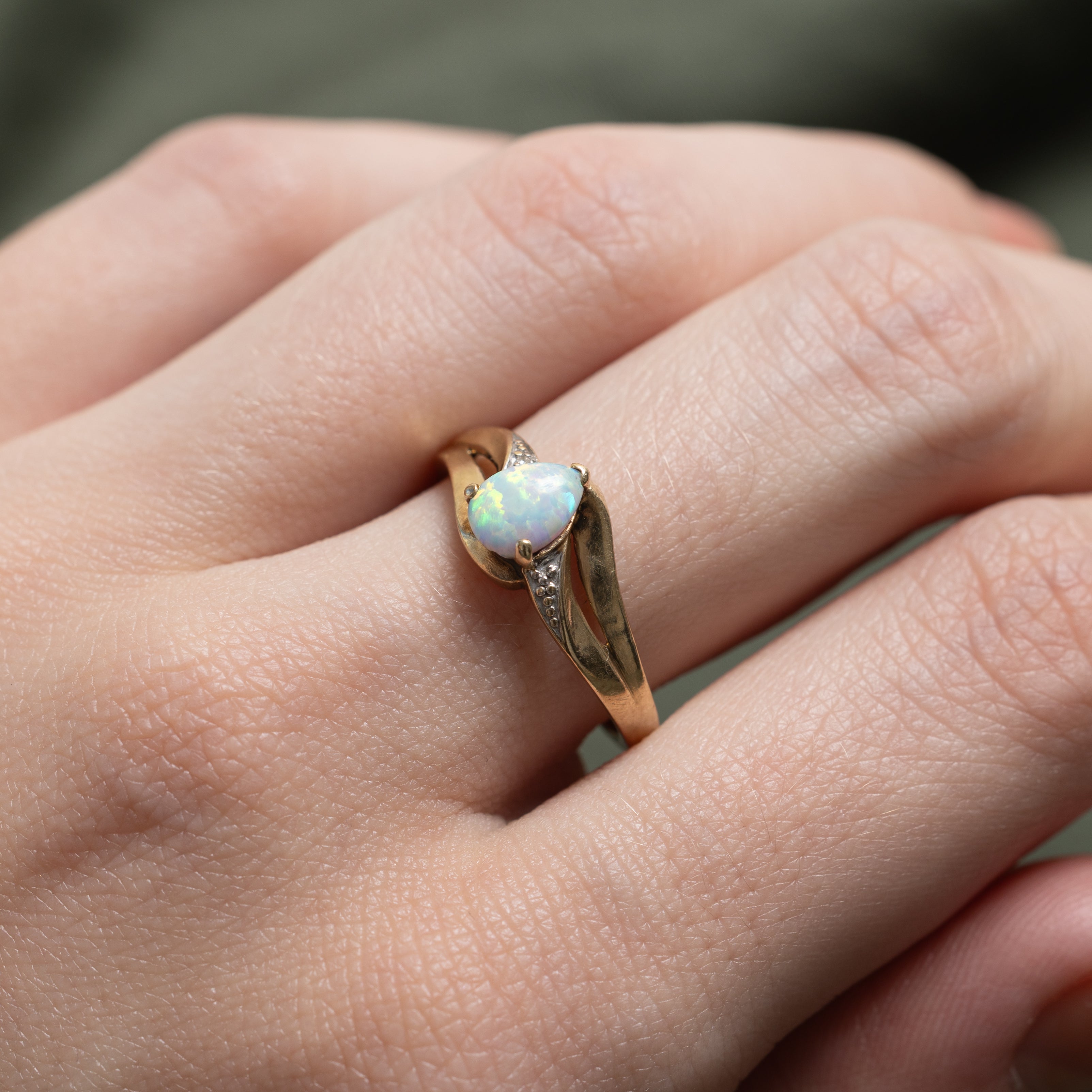 Pear Cabochon Opal & Diamond Bypass Ring | 0.40ct, 0.01ct | SZ 6.25