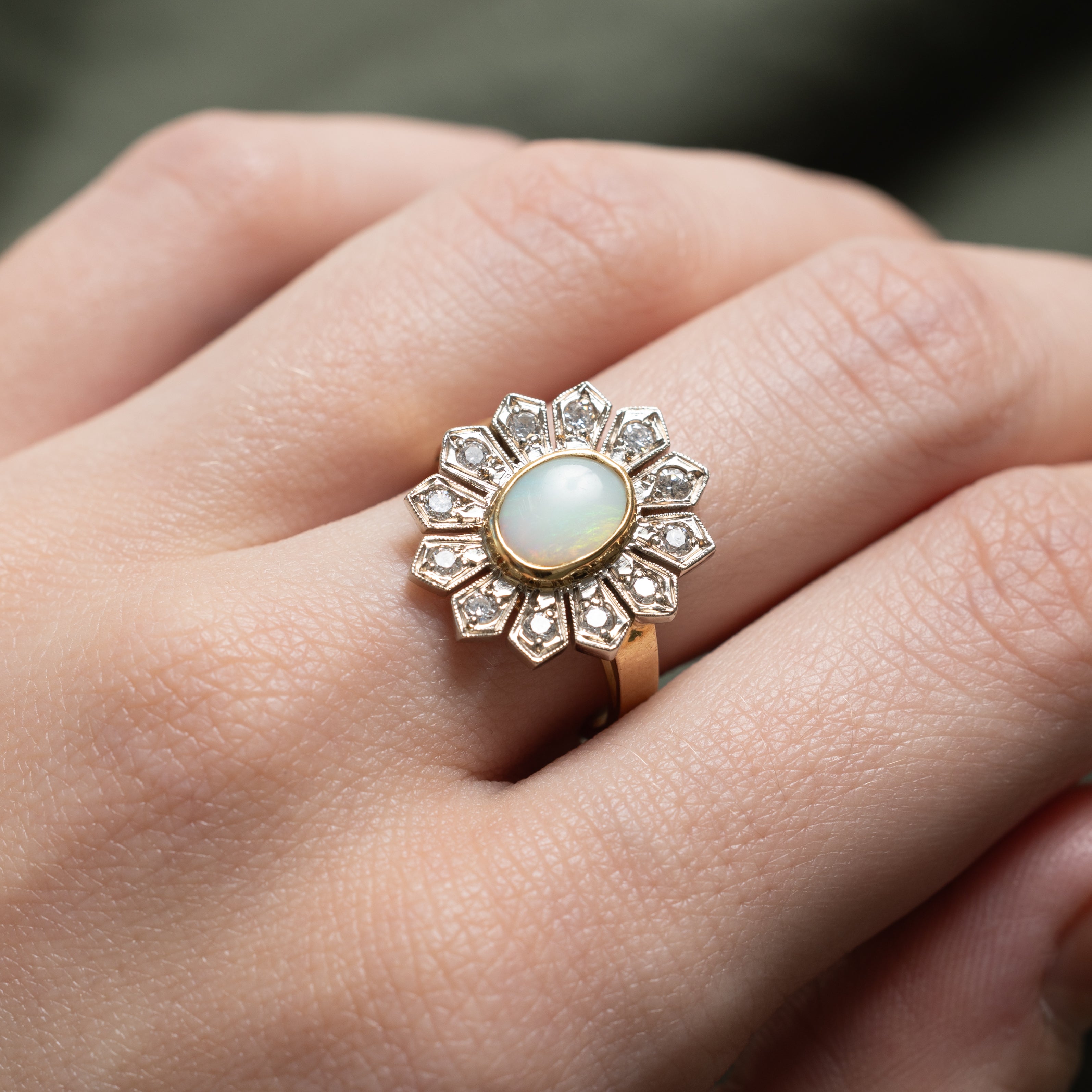 Bezel Set Opal & Diamond Floral Cocktail Ring | 0.57ct, 0.36ctw | SZ 6.5