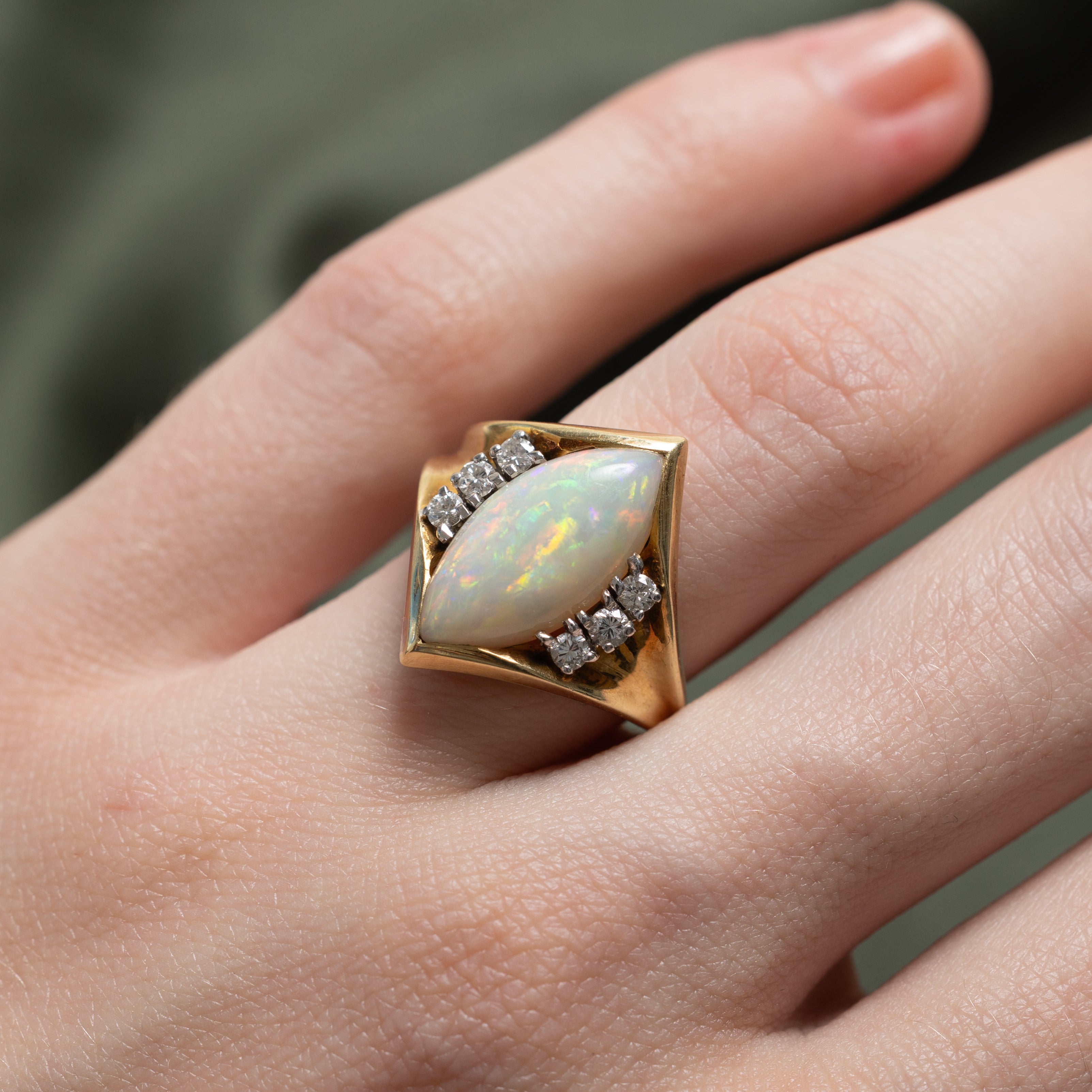 Marquise Cabochon Opal & Diamond Cocktail Ring | 3.50ct, 0.24ctw | SZ 5.5