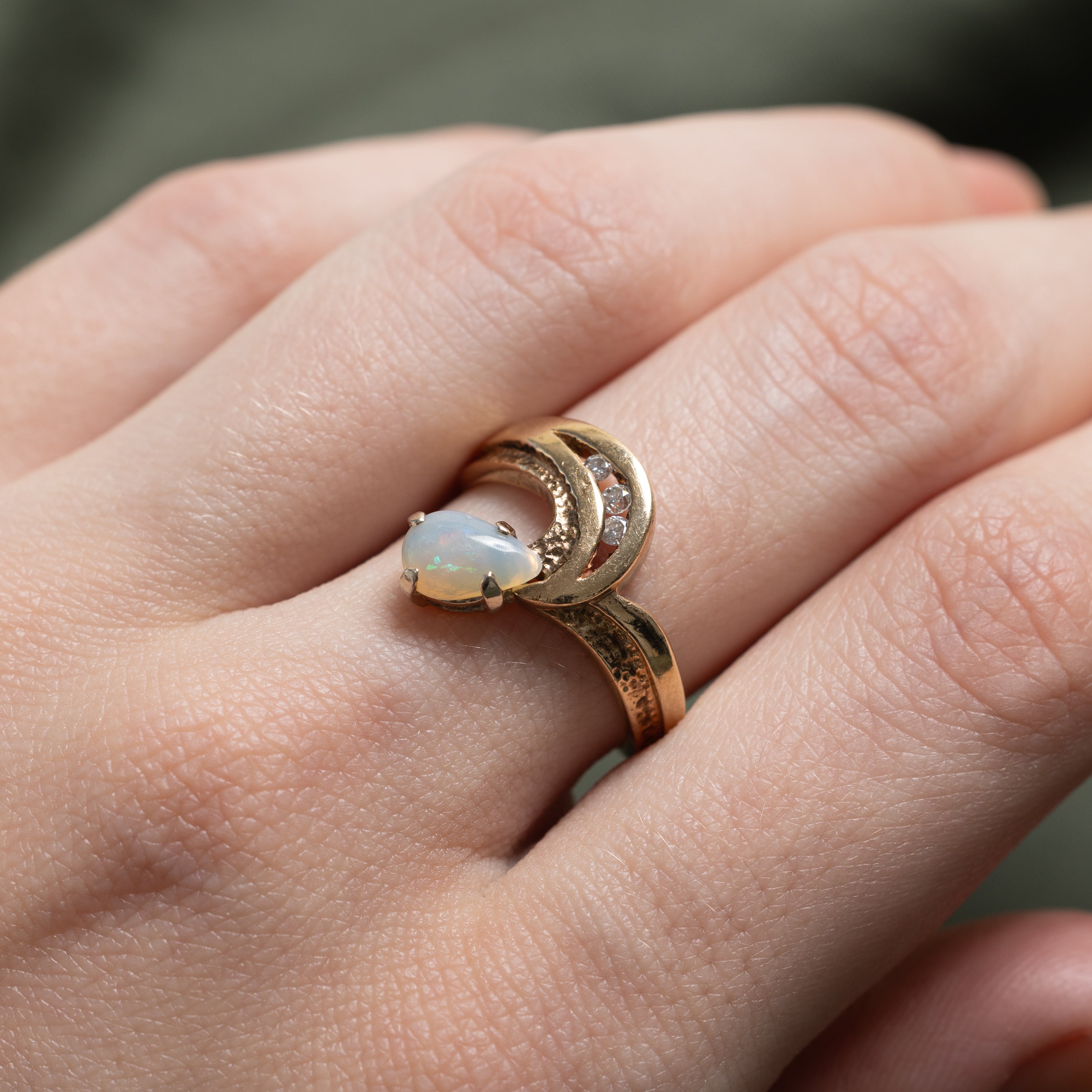 Opal & Diamond Textured Chevron Ring | 0.50ct, 0.06ctw | SZ 6.5