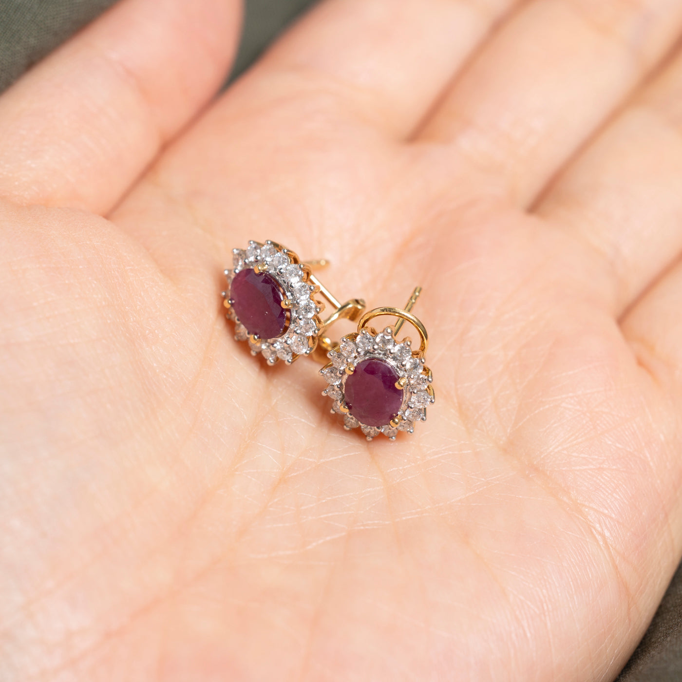 18k Oval Cut Ruby & Diamond Halo Petal Earrings | 2.00ctw, 0.75ct