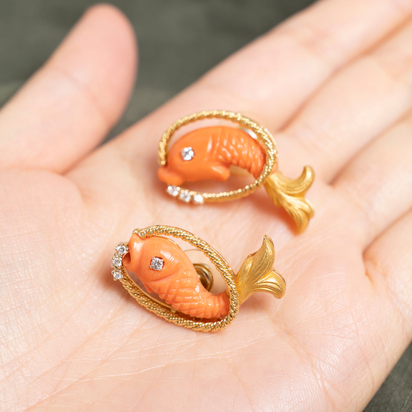 18k Coral & Diamond Fish Stud Earrings | 16.00ctw, 0.14ct