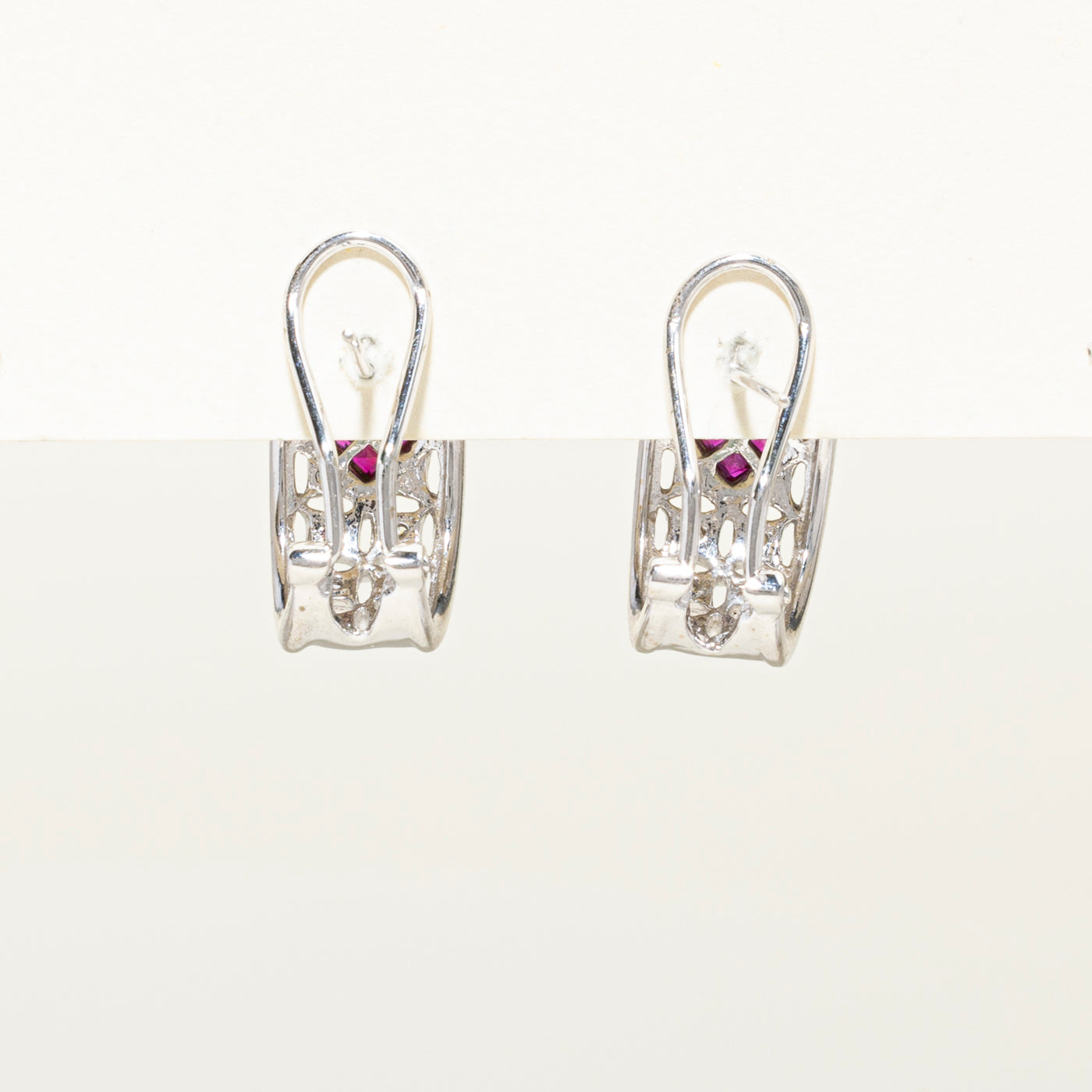 Illusion Set Diamond & Ruby Omega Earrings | 0.14ct, 0.50ctw
