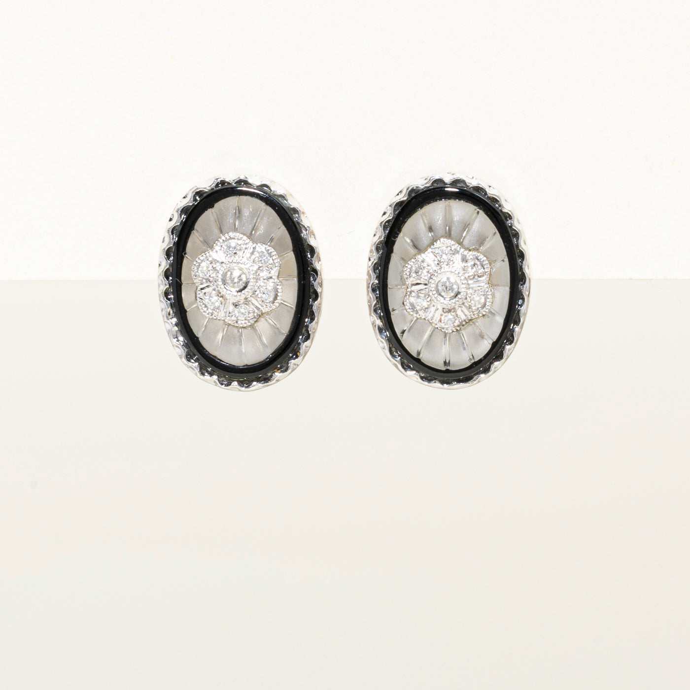 Crystal, Diamond & Onyx Oval Cluster Stud Earrings | 12.07ctw, 0.15ct