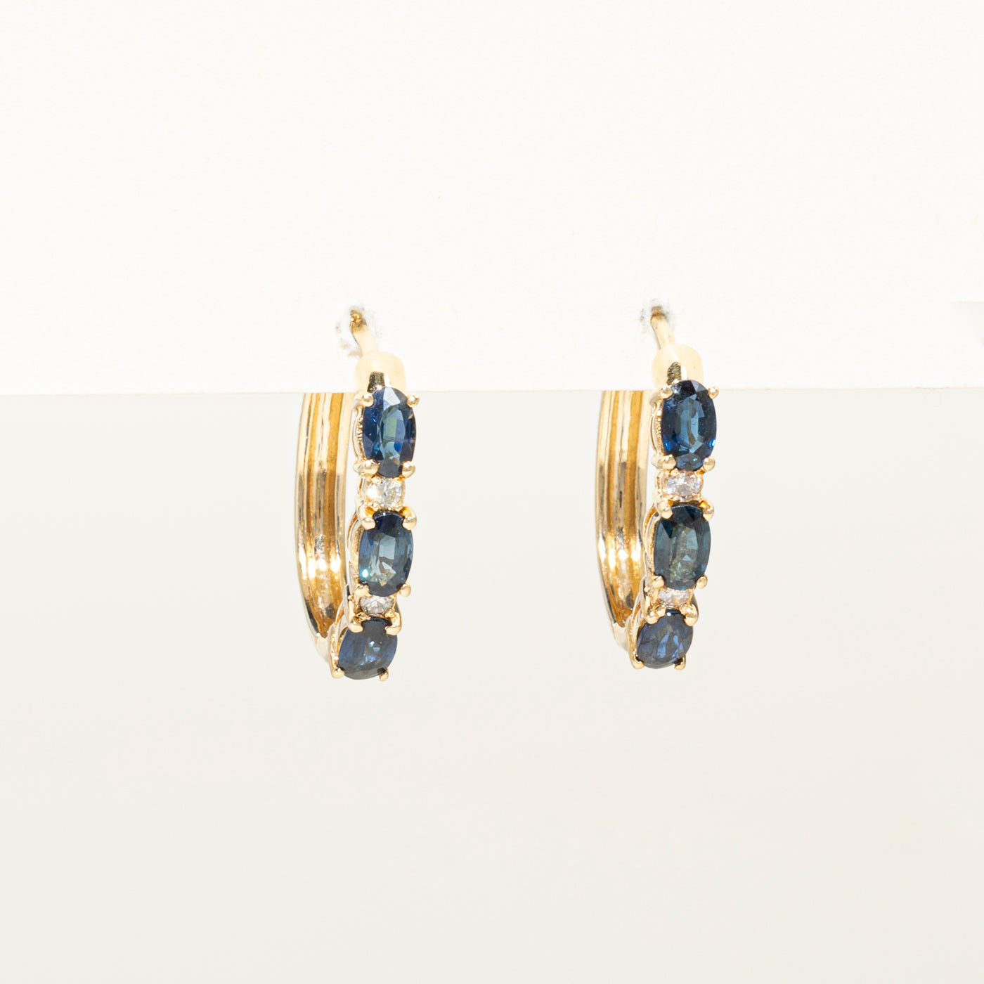 Three Stone Sapphire & Diamond Hoop Earrings | 1.50ctw, 0.12ct