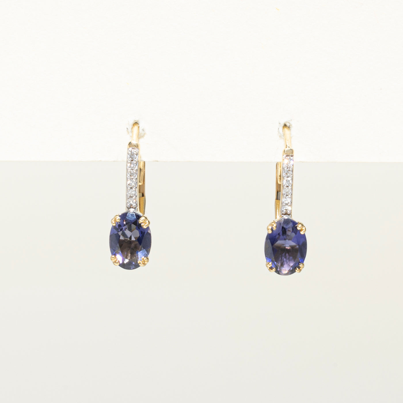 Oval Cut Iolite & Diamond Drop Earrings | 1.34ctw, 0.06ct