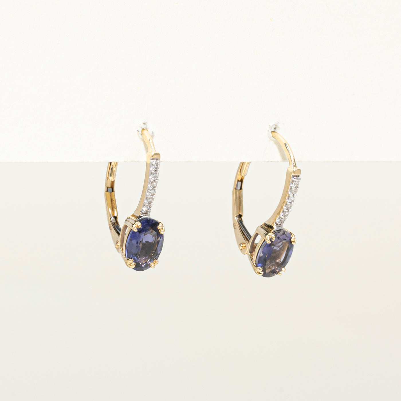 Oval Cut Iolite & Diamond Drop Earrings | 1.34ctw, 0.06ct