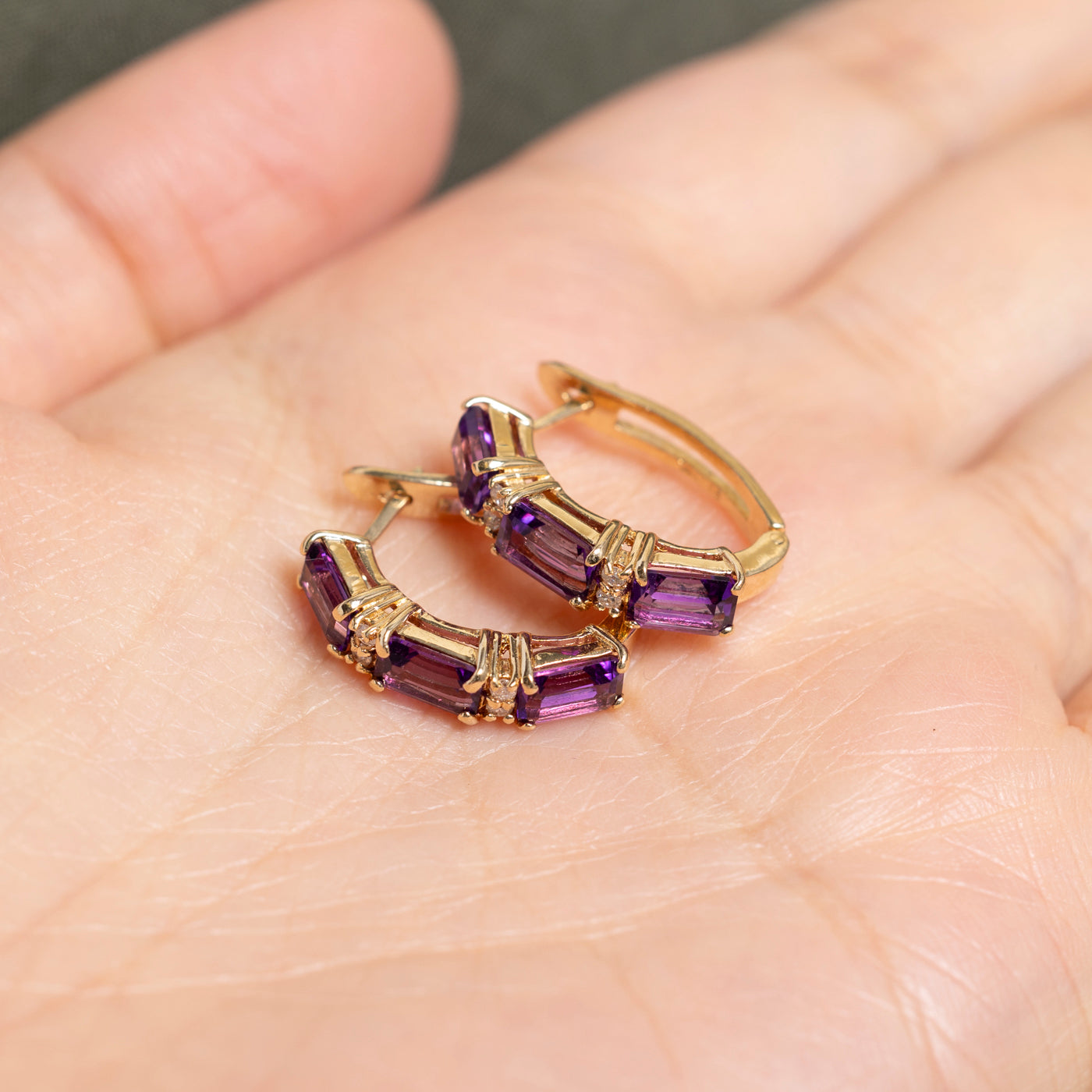 Three Stone Amethyst & Diamond Hoop Earrings | 2.70ctw, 0.08ct