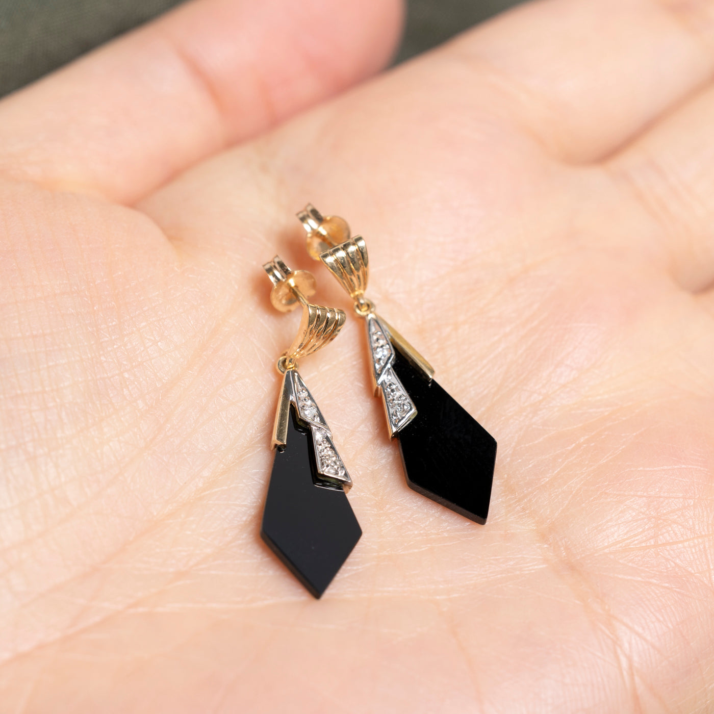Yellow Gold Onyx & Diamond Drop Earrings | 4.00ctw, 0.02ct
