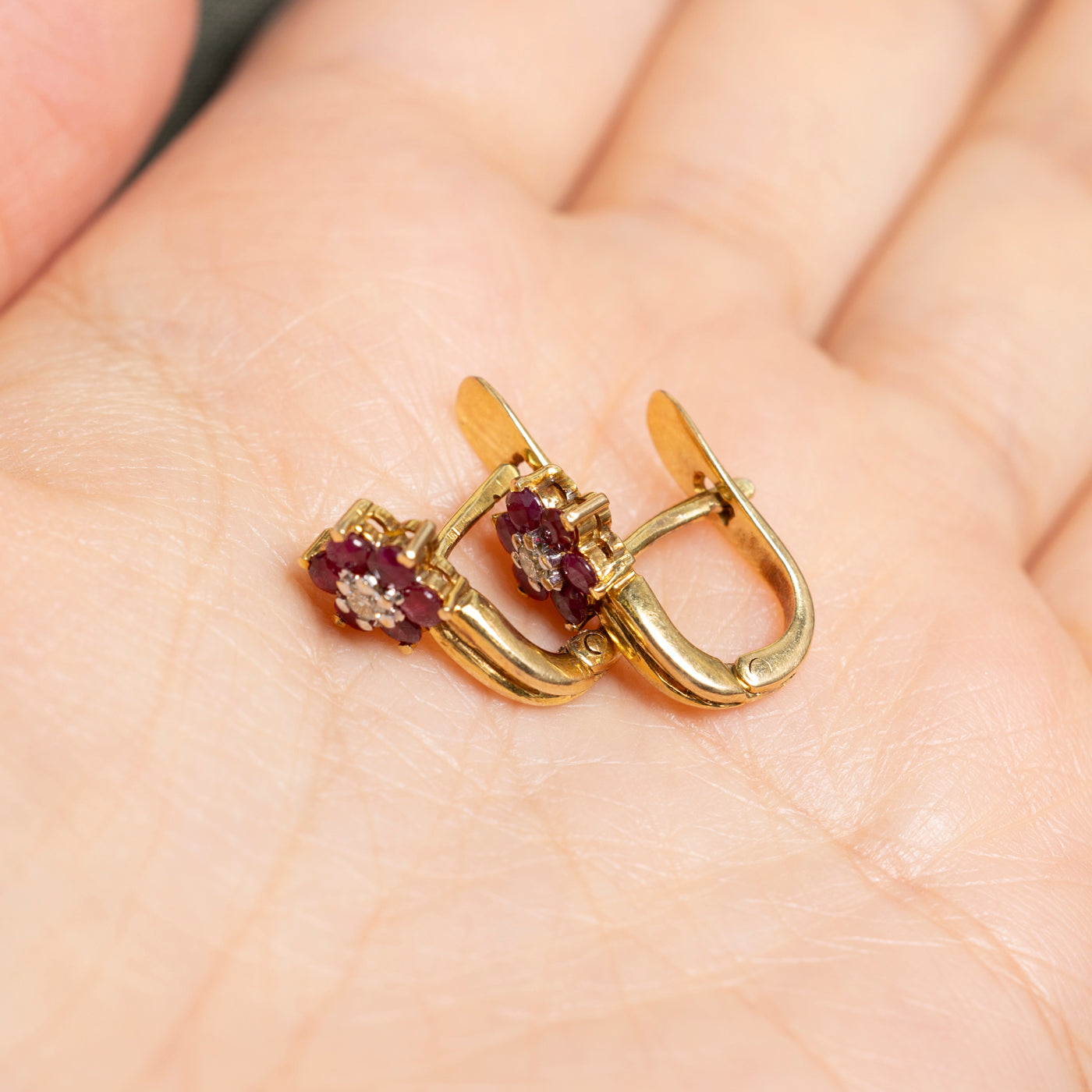 Diamond & Ruby Petal Floral Huggie Earrings | 0.06ct, 0.85ctw