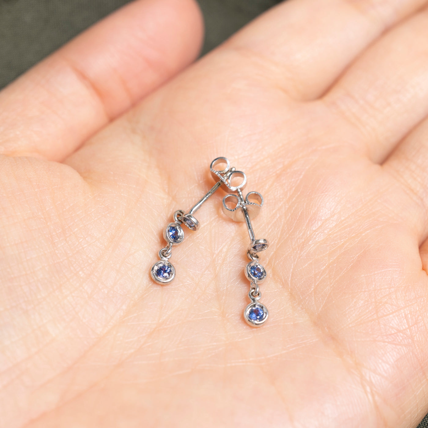 18k Three Stone Sapphire Drop Earrings | 0.18ctw