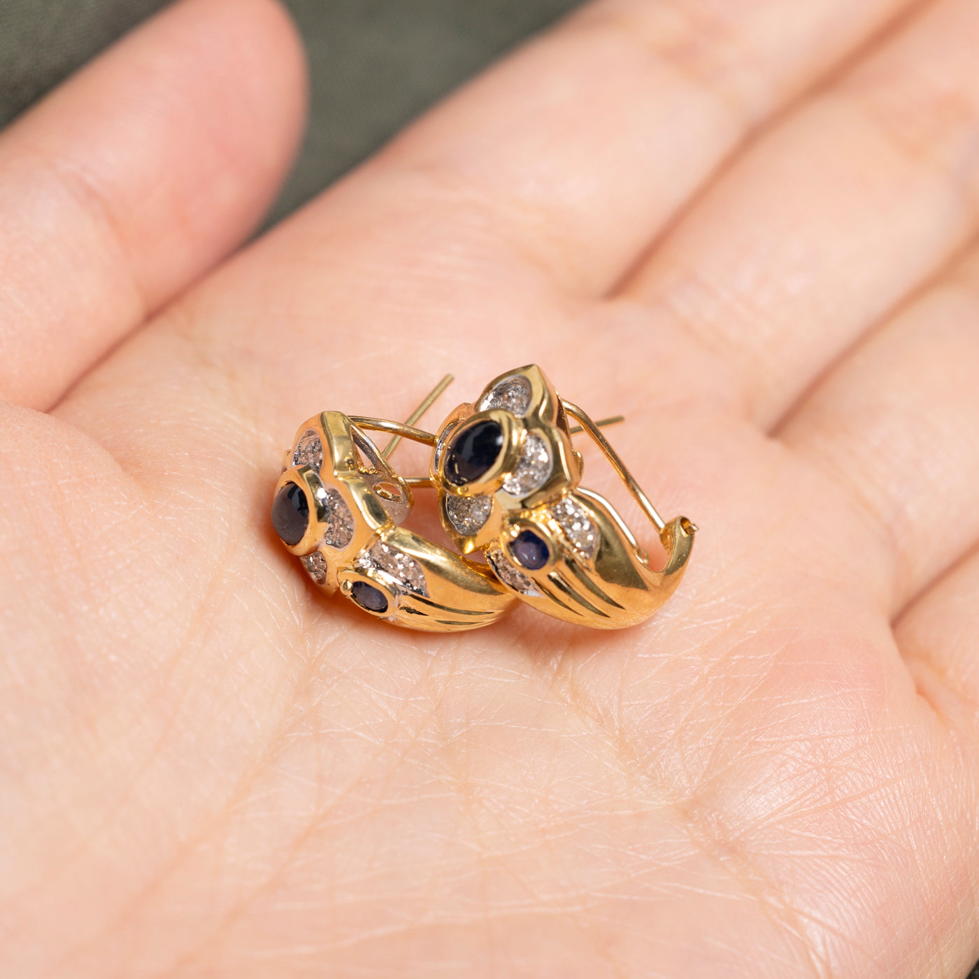 18k Cabochon Sapphire & Diamond Floral Huggie Earrings | 1.20ct, 0.12ct