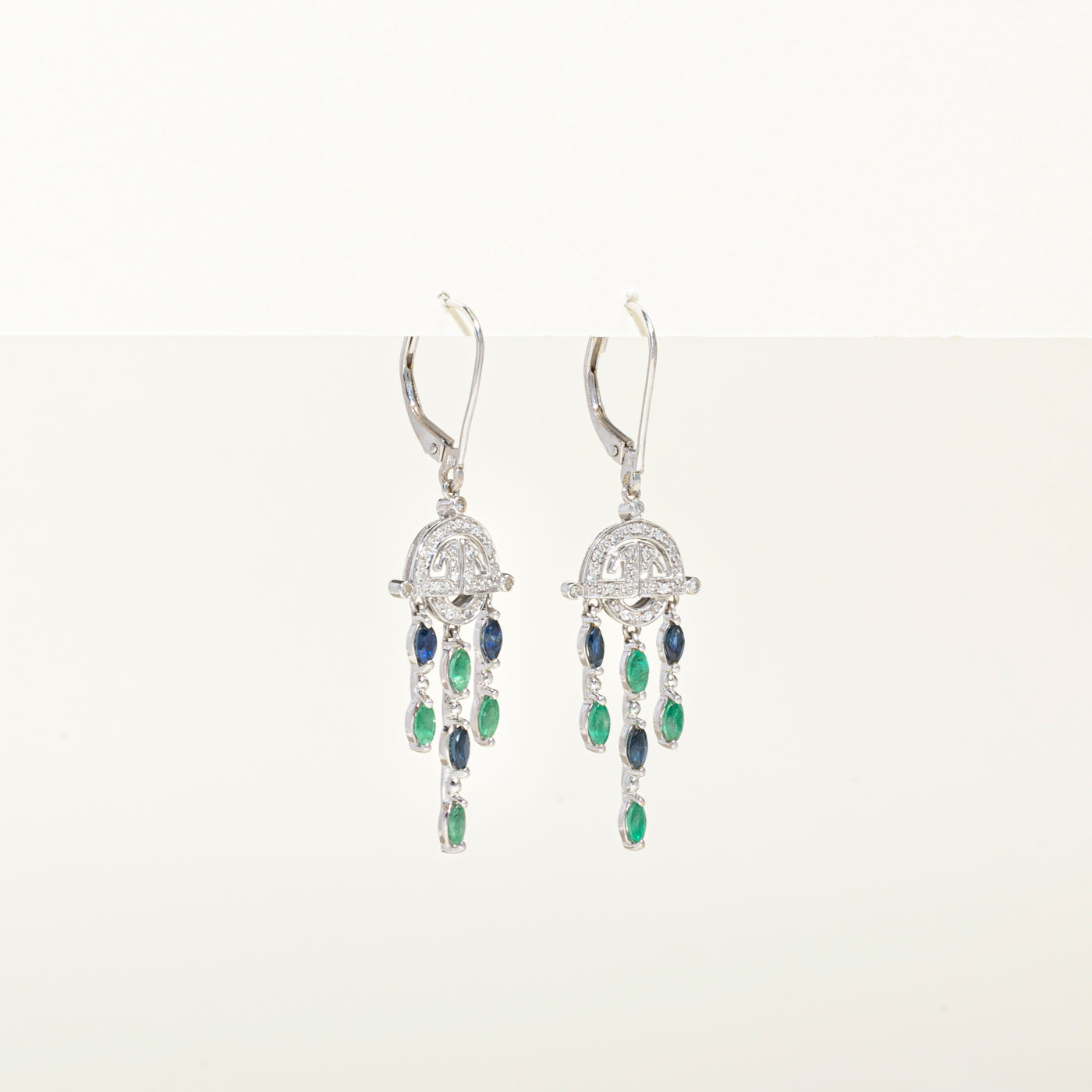 Marquise Cut Diamond & Emerald, Sapphire Chandelier Earrings | 0.17ct, 0.70ctw
