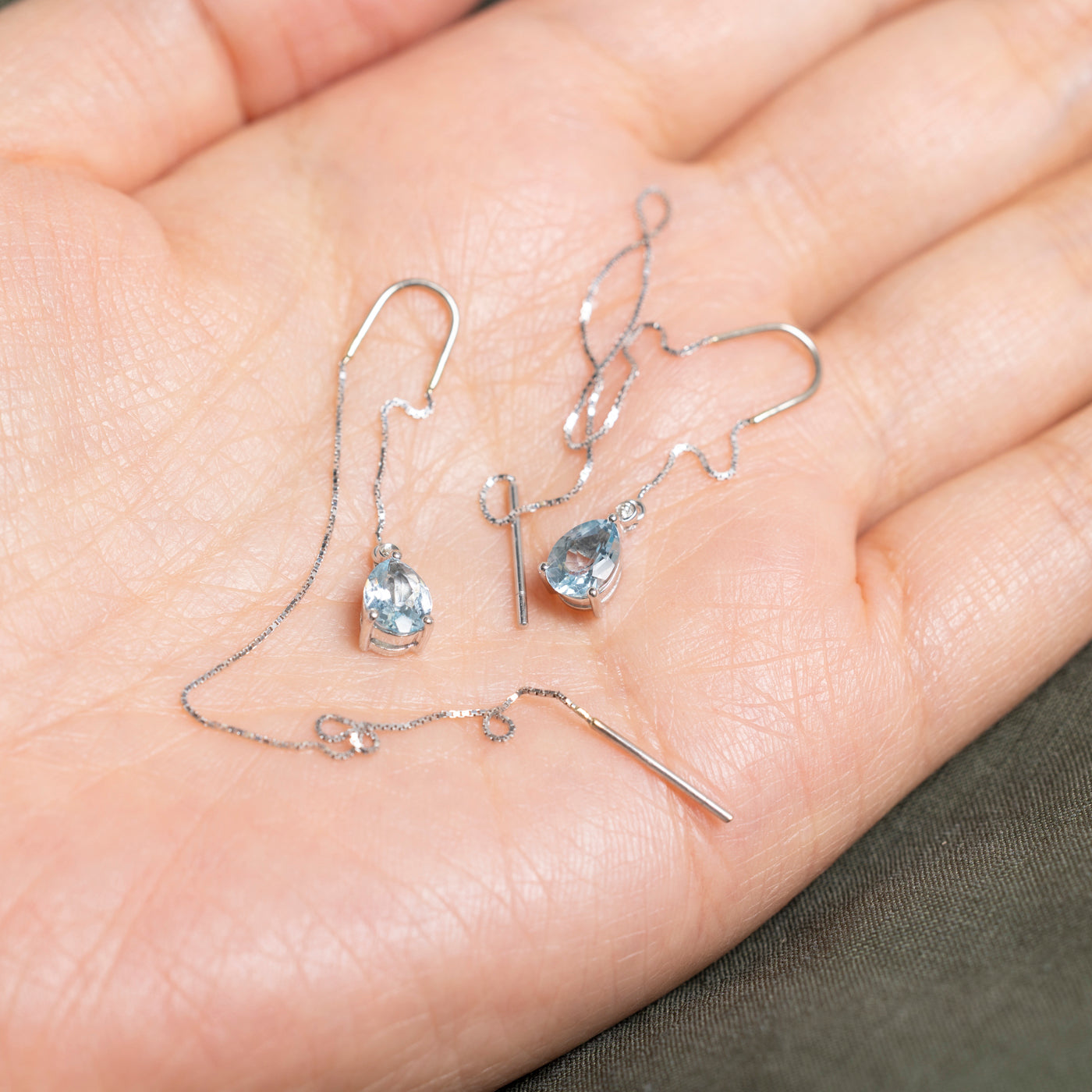 Pear Cut Aquamarine & Diamond Threader Earrings | 1.20ct, 0.17ct