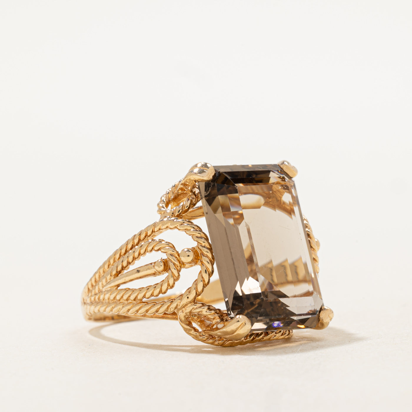 Emerald Cut Smoky Quartz Rope Cocktail RIng | 9.23ct | SZ 8.5 |