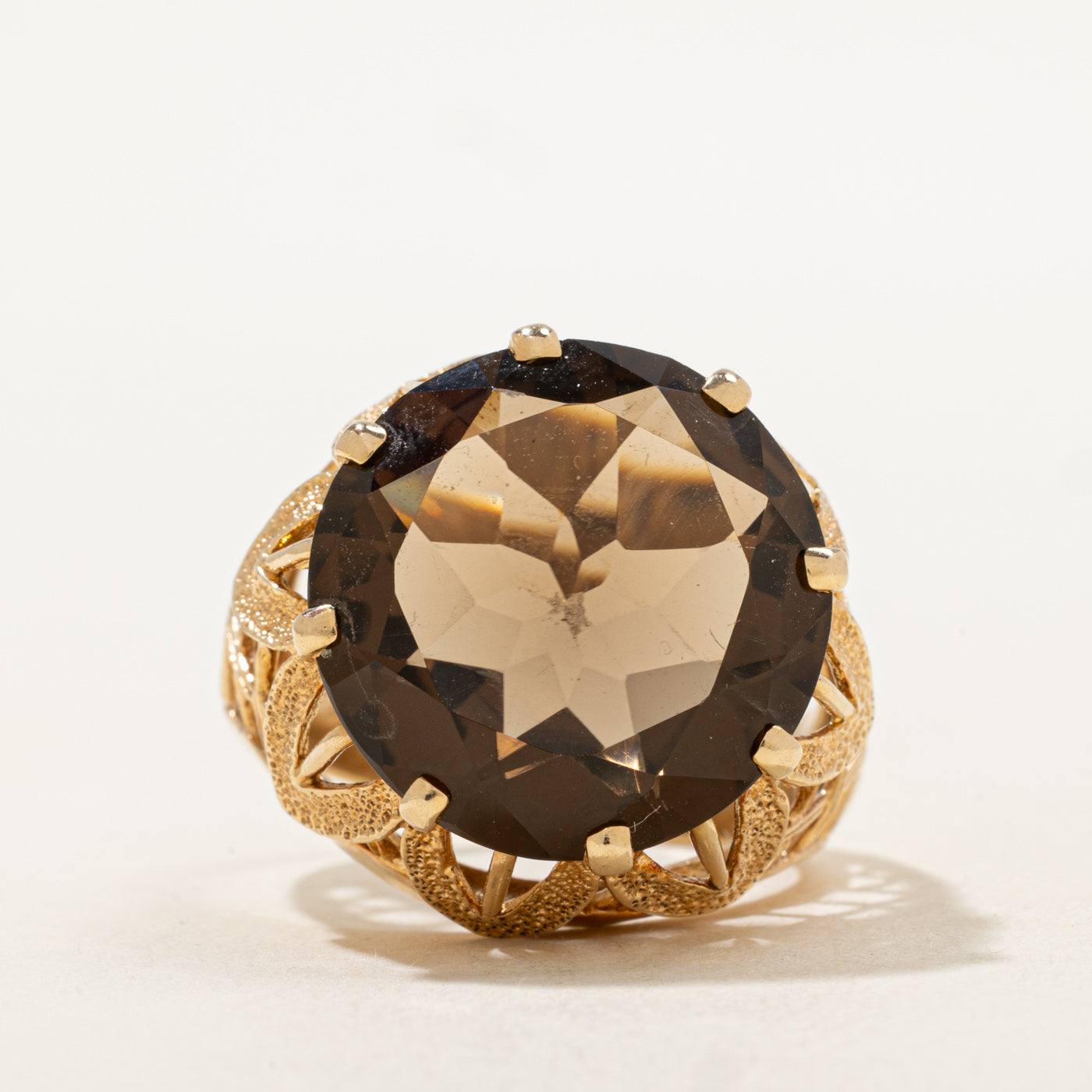 Smoky Quartz Floral Textured Cocktail Ring | 10.39ct | SZ 9.75 |