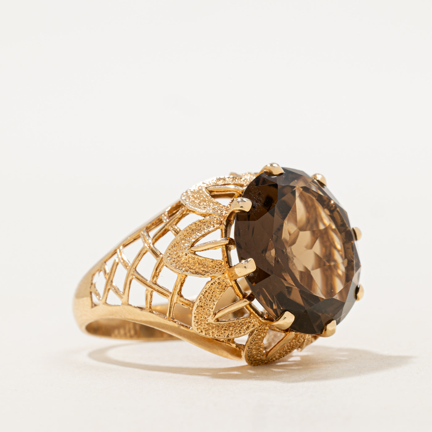 Smoky Quartz Floral Textured Cocktail Ring | 10.39ct | SZ 9.75 |
