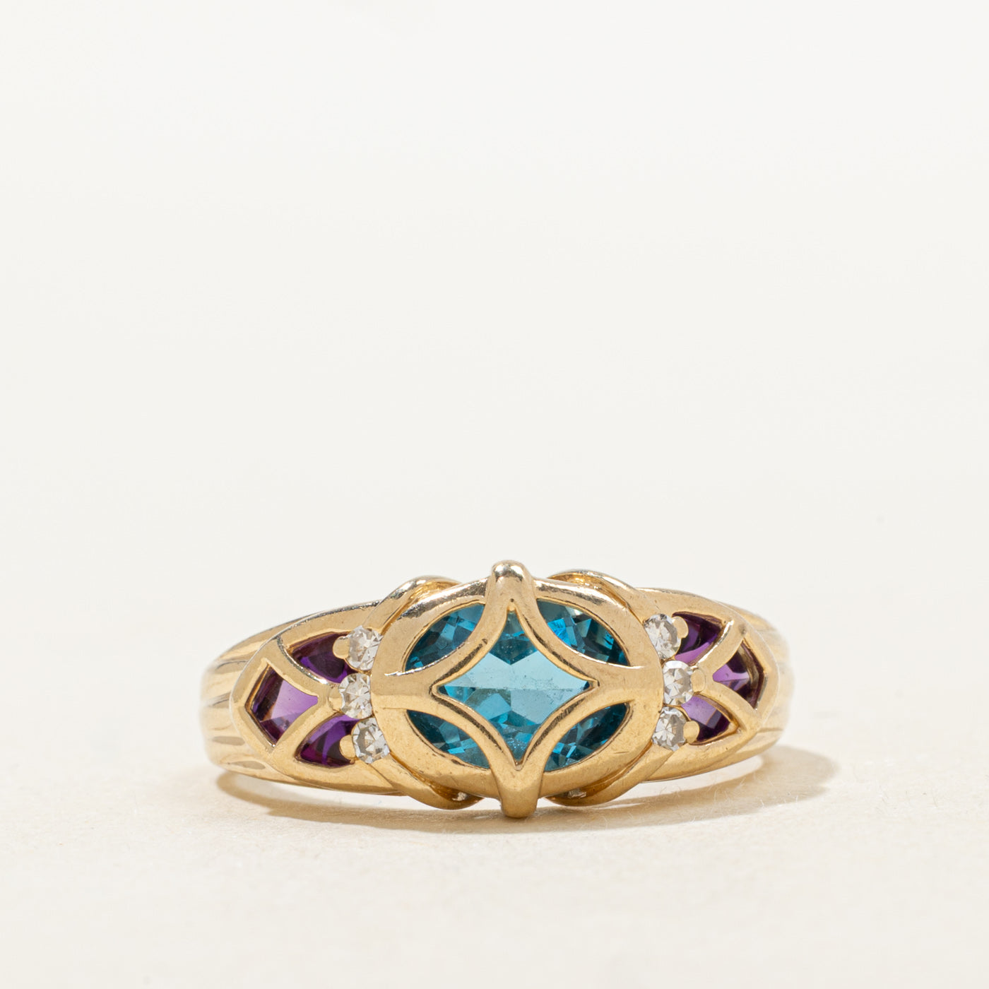 Three Stone Blue Topaz, Amethyst & Diamond Ring | 1.78ctw, 0.03ctw | SZ 6.5 |