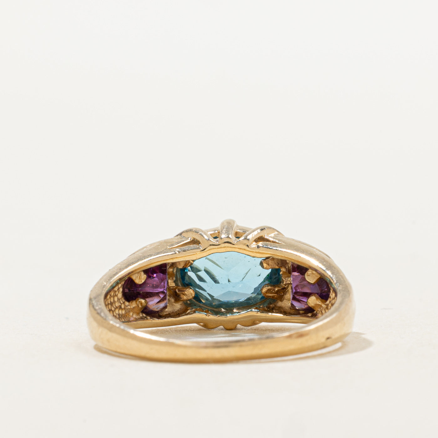 Three Stone Blue Topaz, Amethyst & Diamond Ring | 1.78ctw, 0.03ctw | SZ 6.5 |