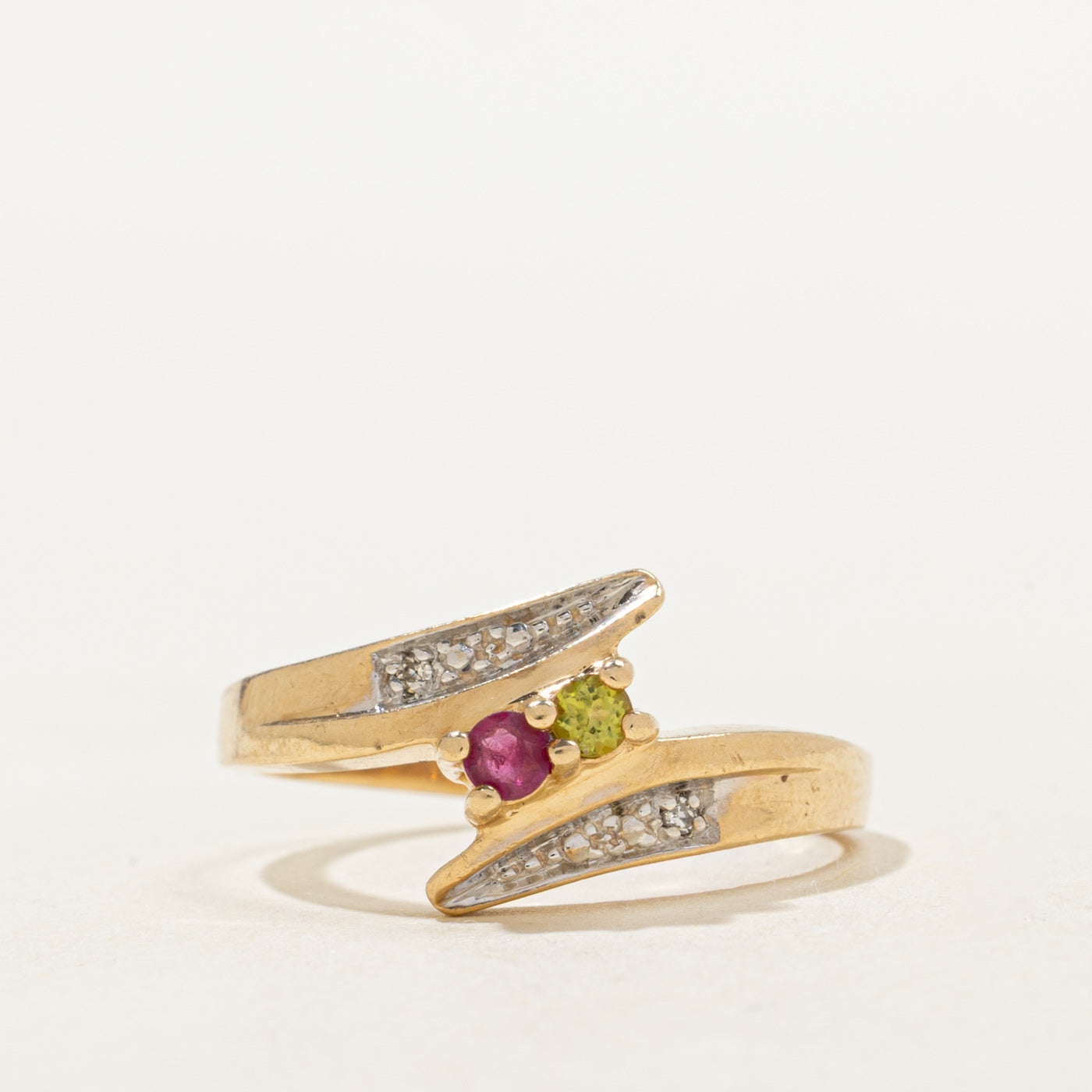 Two Stone Ruby, Peridot & Diamond Bypass Ring | 0.11, 0.01ctw | SZ 7.25 |