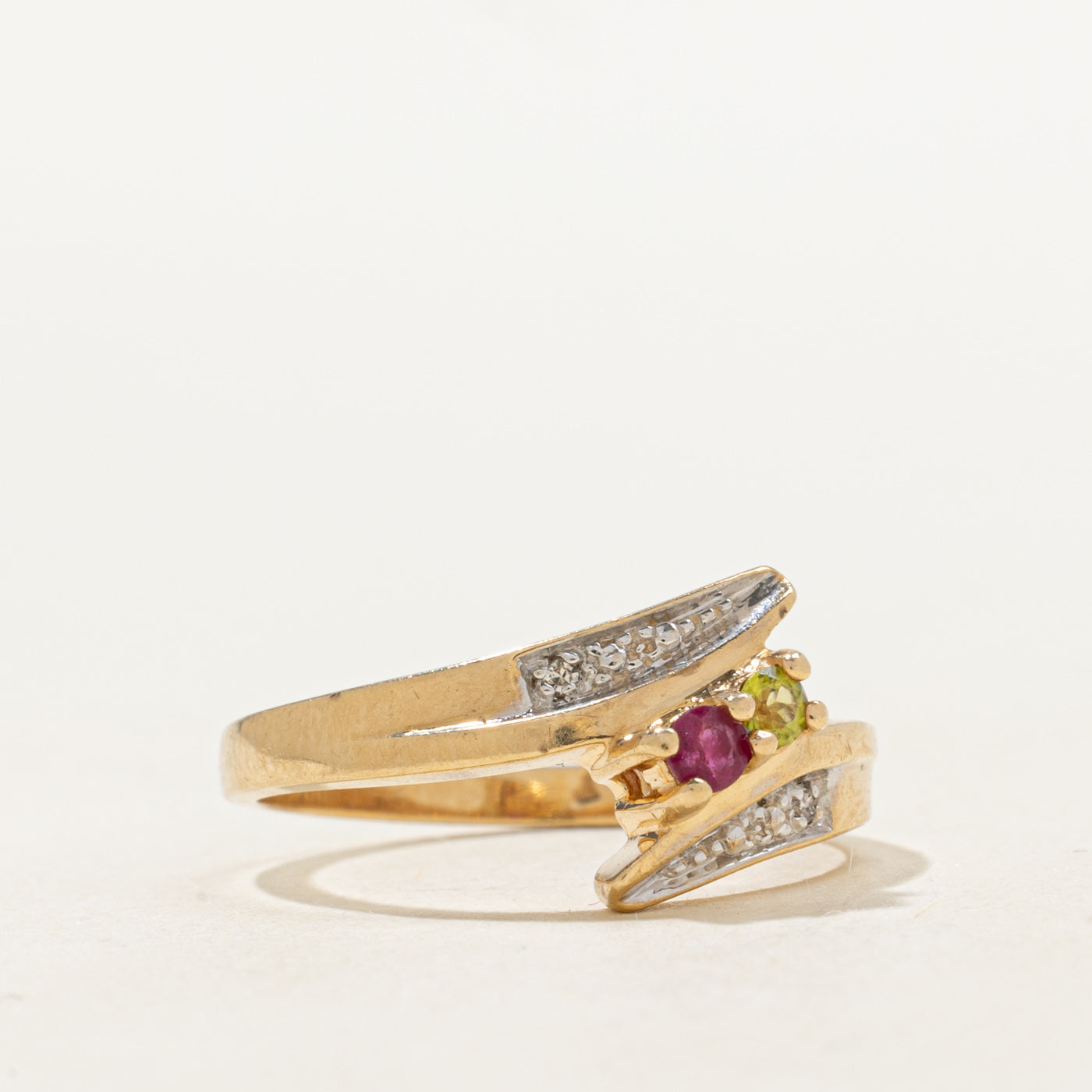 Two Stone Ruby, Peridot & Diamond Bypass Ring | 0.11, 0.01ctw | SZ 7.25 |