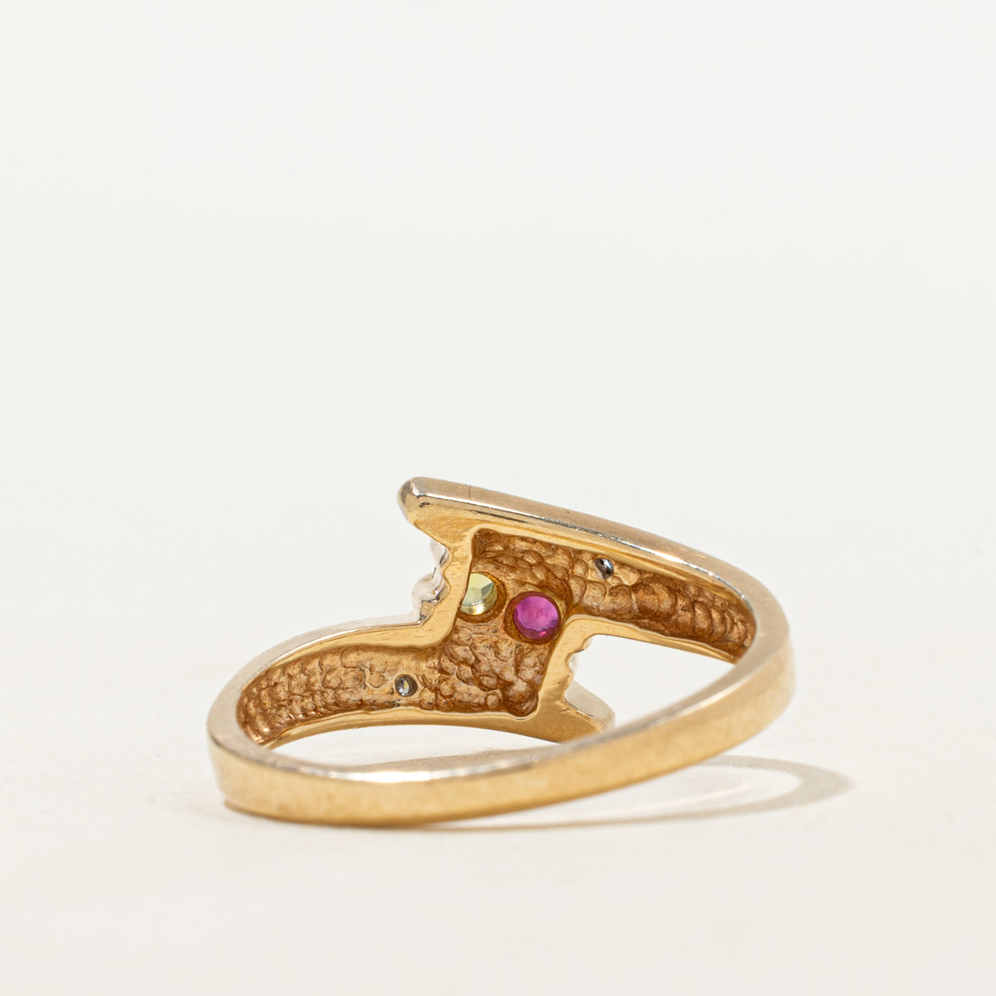 Two Stone Ruby, Peridot & Diamond Bypass Ring | 0.11, 0.01ctw | SZ 7.25 |
