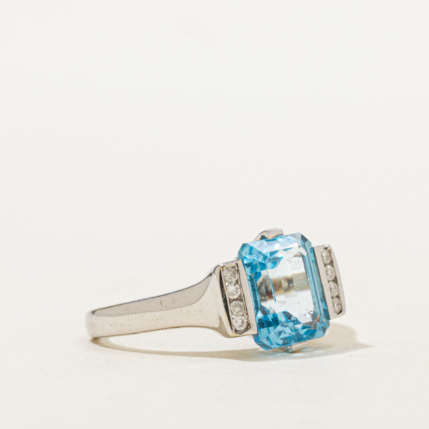 Emerald Cut Blue Topaz & Diamond Ring | 2.8ct, 0.04ctw | SZ 8.5 |