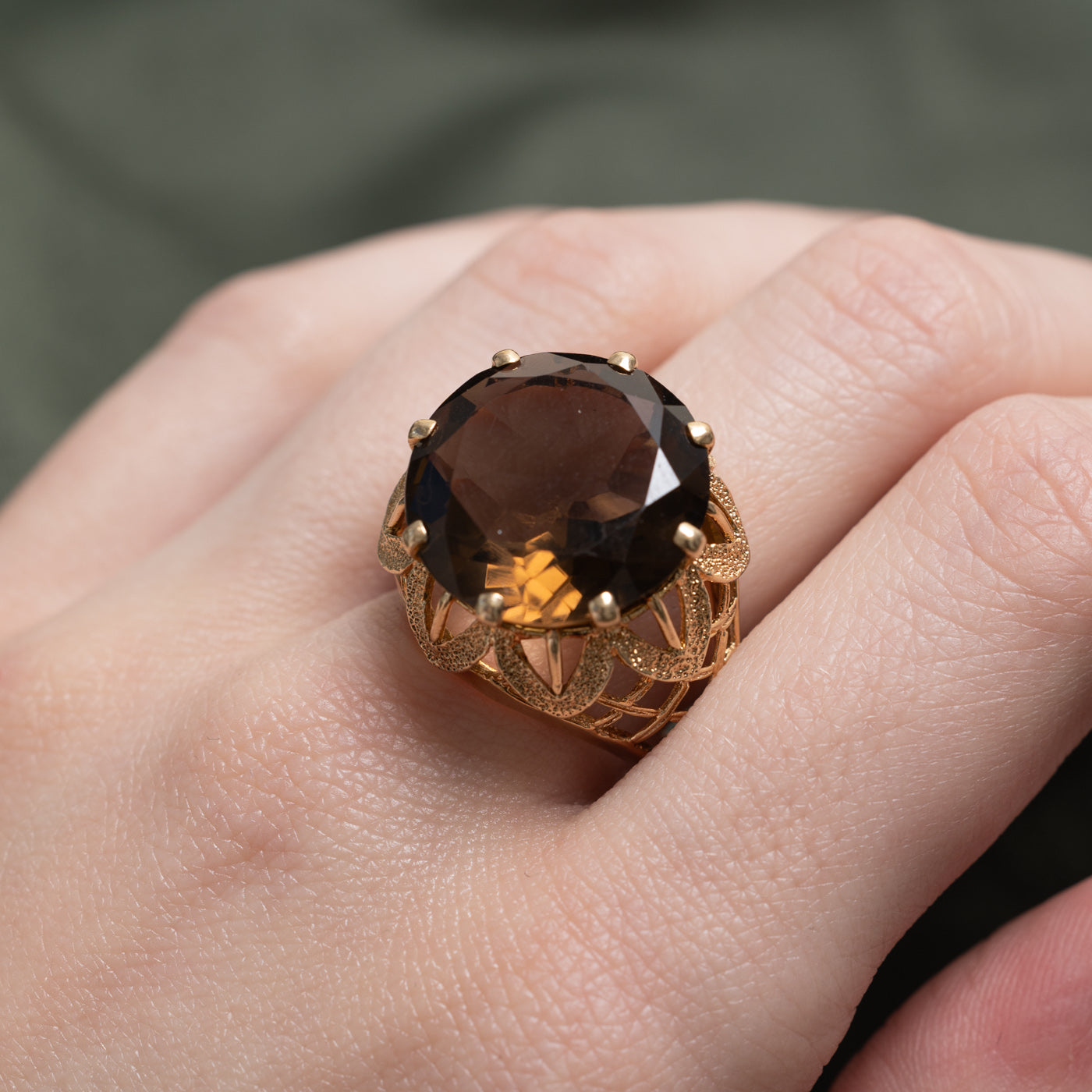 Smoky Quartz Floral Textured Cocktail Ring | 10.39ct | SZ 9.75 |