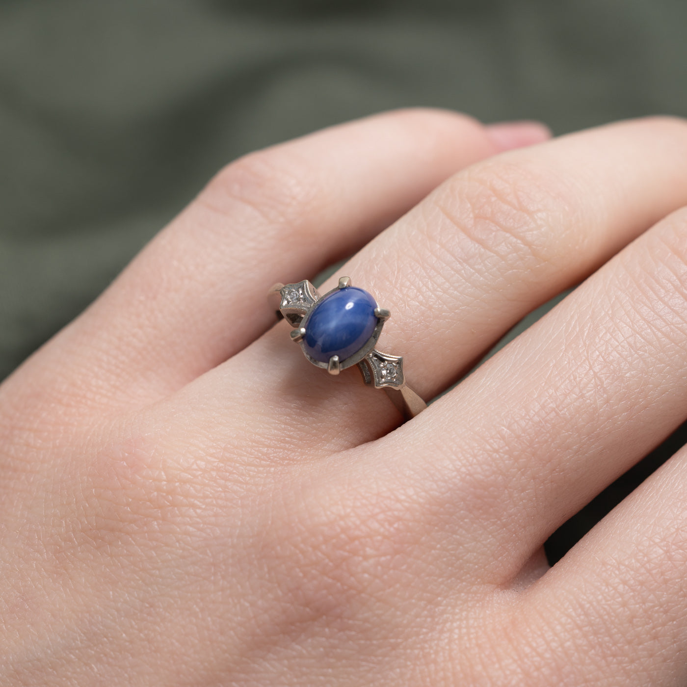 Synthetic Oval Cabochon Sapphire & Diamond Ring | 1.6ct, 0.01ctw | SZ 5.75 |