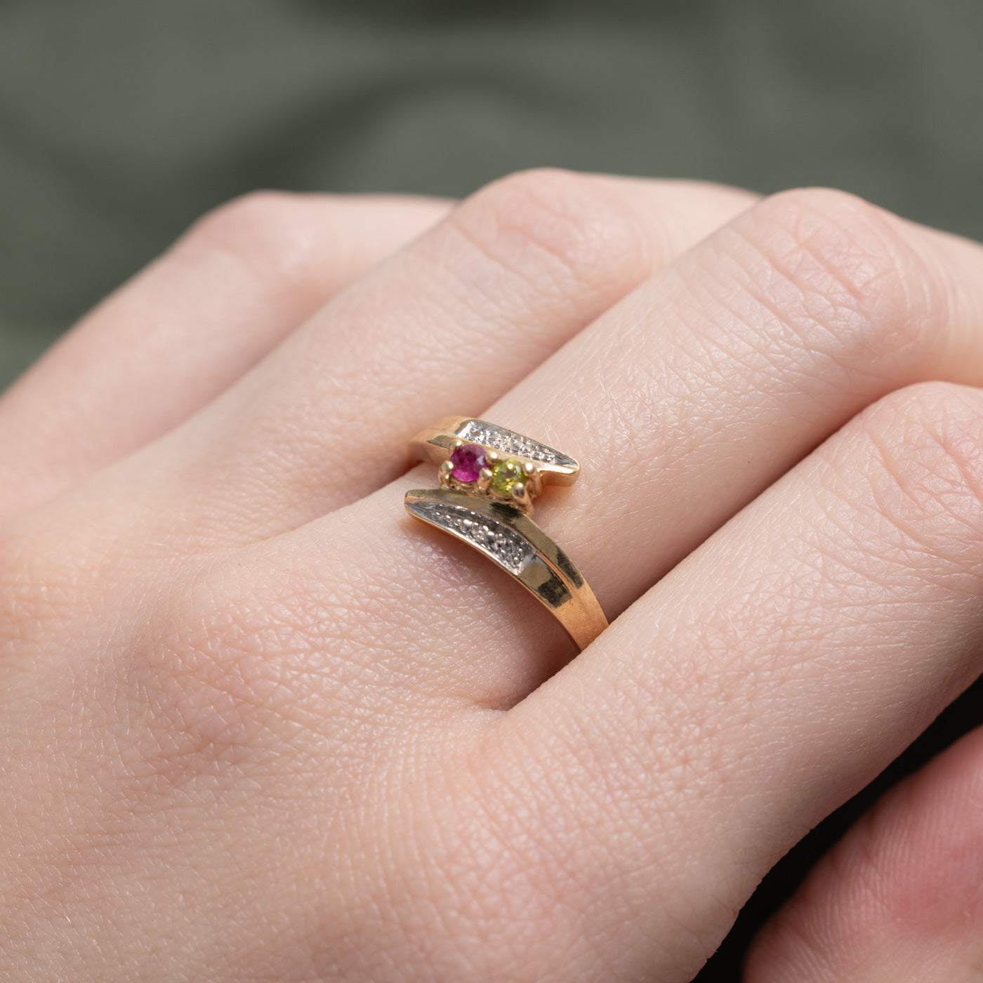 Two Stone Ruby, Peridot & Diamond Bypass Ring | 0.11, 0.01ctw | SZ 7.25 |