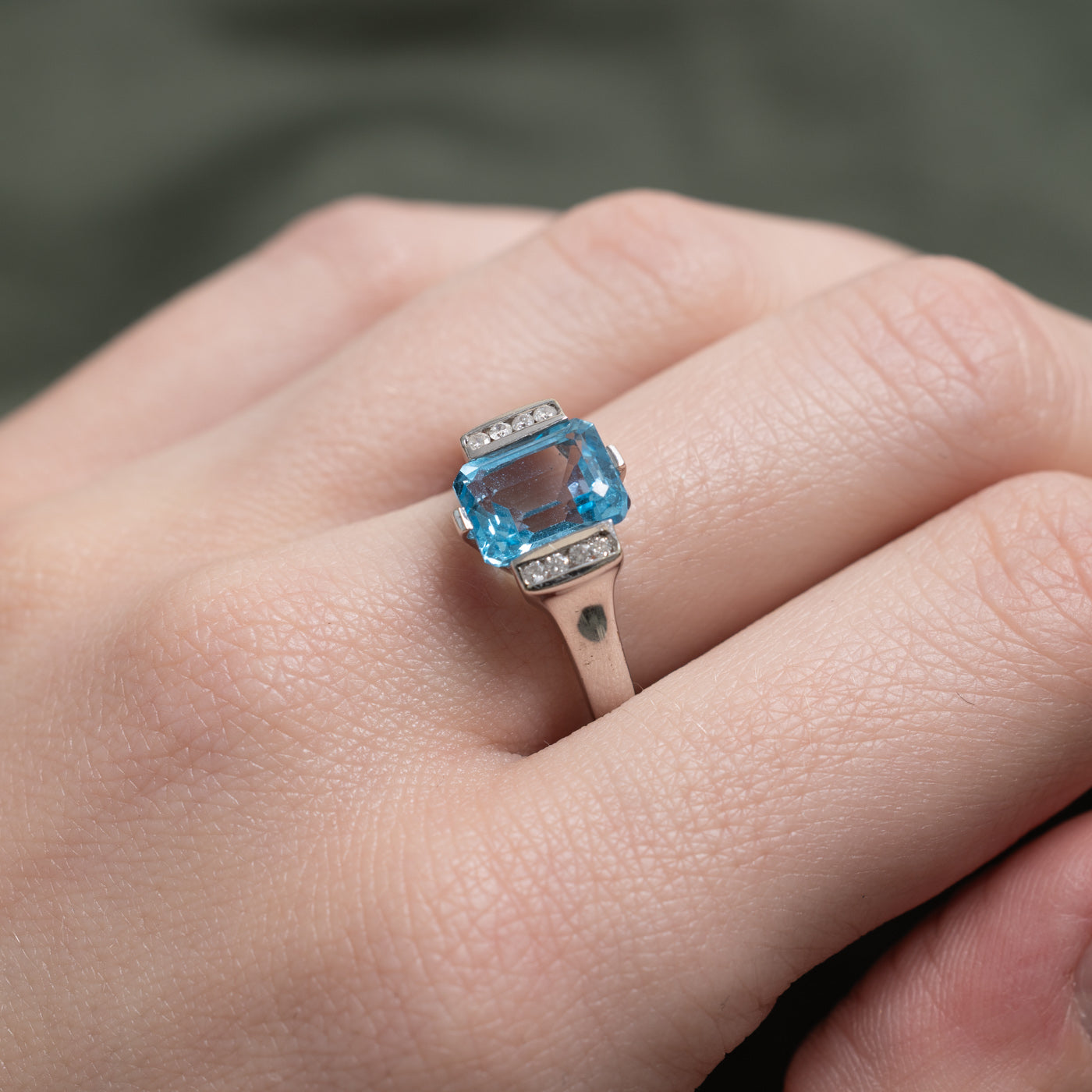 Emerald Cut Blue Topaz & Diamond Ring | 2.8ct, 0.04ctw | SZ 8.5 |