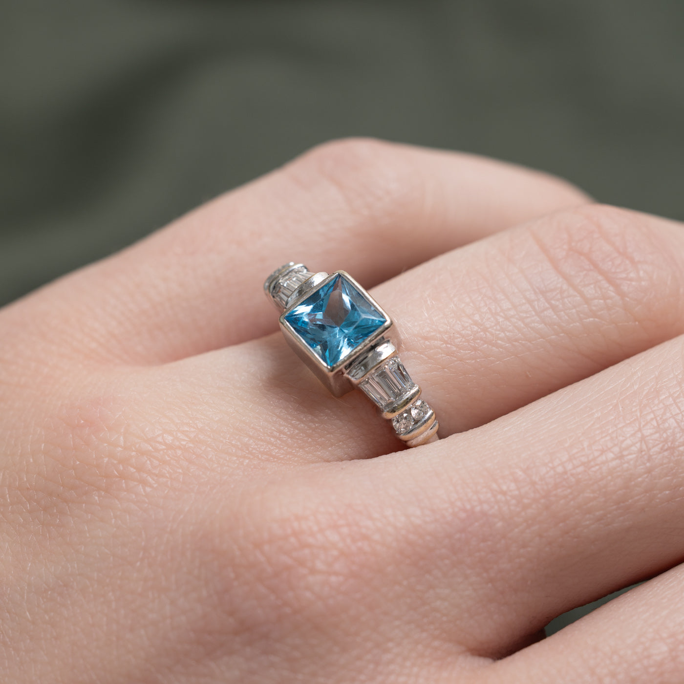 Princess Cut Blue Topaz & Diamond Ring | 1.2ct, 0.21ctw | SZ 6.5 |