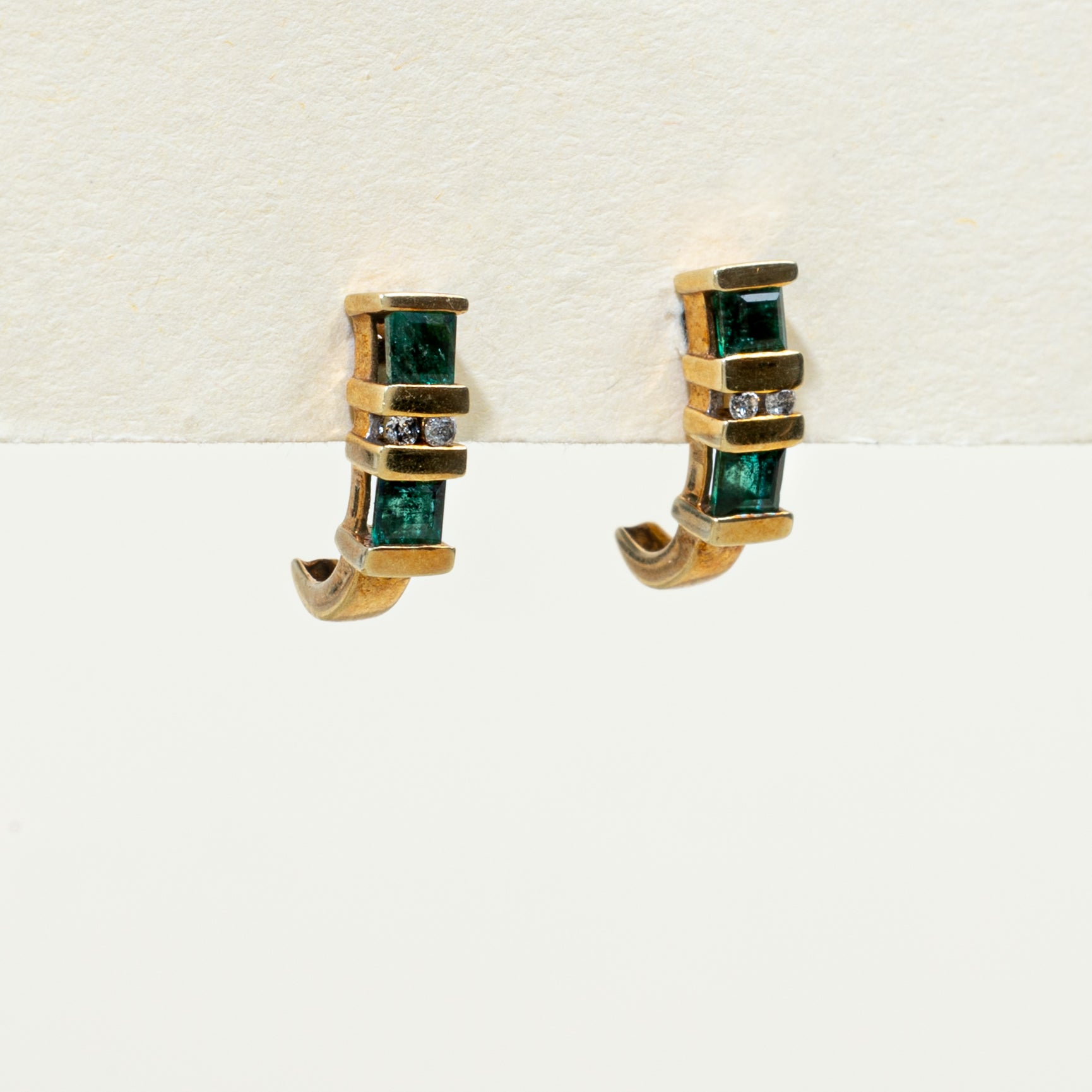 Channel Set Emerald & Diamond Half Huggie Earrings | 0.40ctw, 0.04ctw