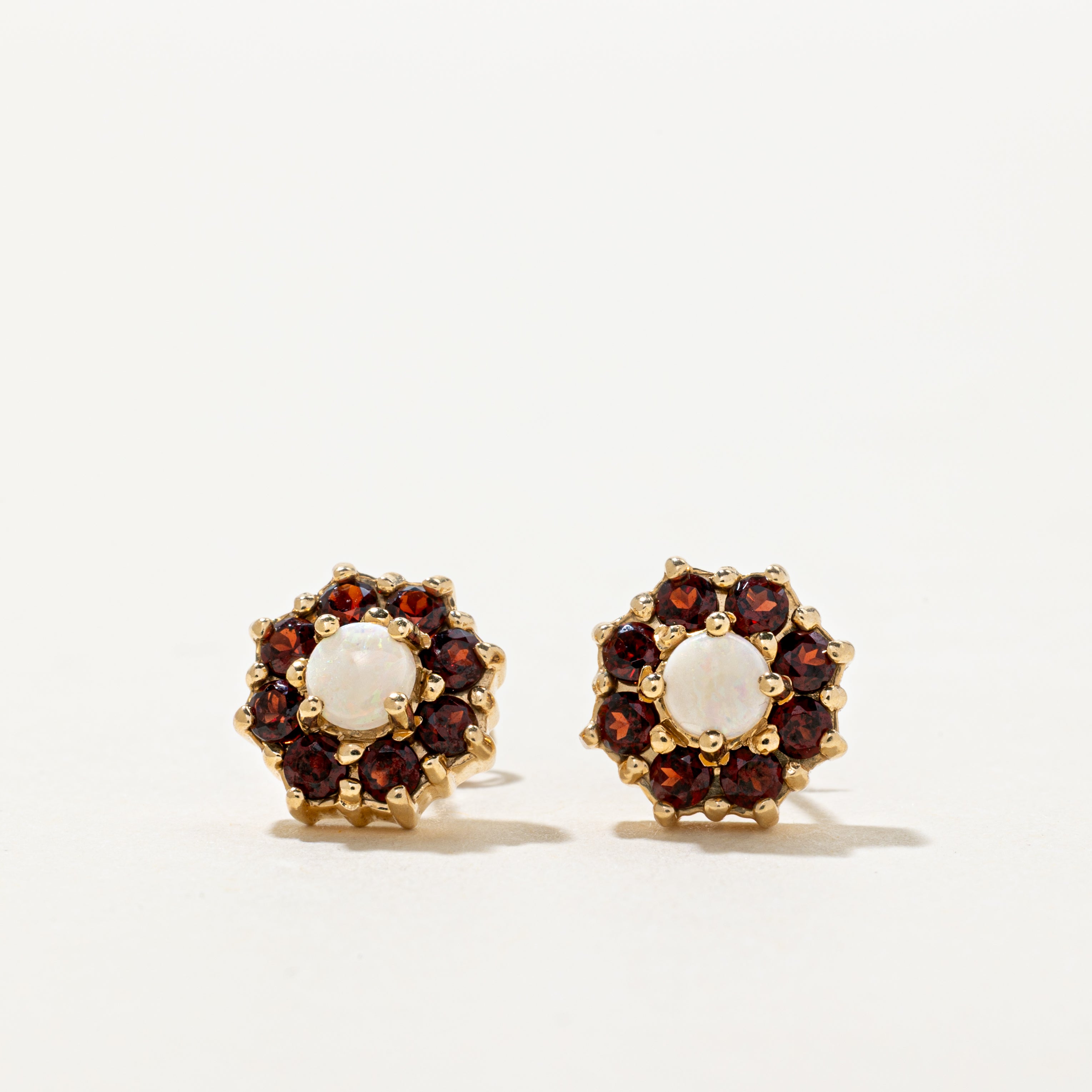 Cabochon Opal & Garnet Halo Stud Earrings | 1.10ctw