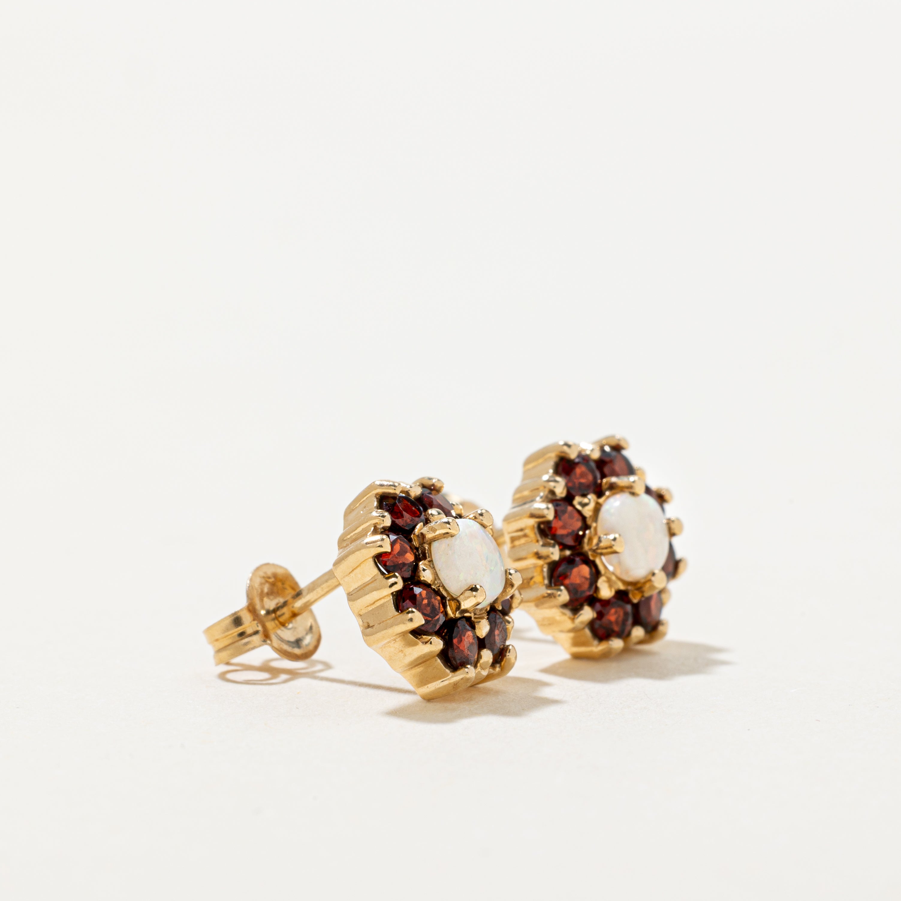 Cabochon Opal & Garnet Halo Stud Earrings | 1.10ctw