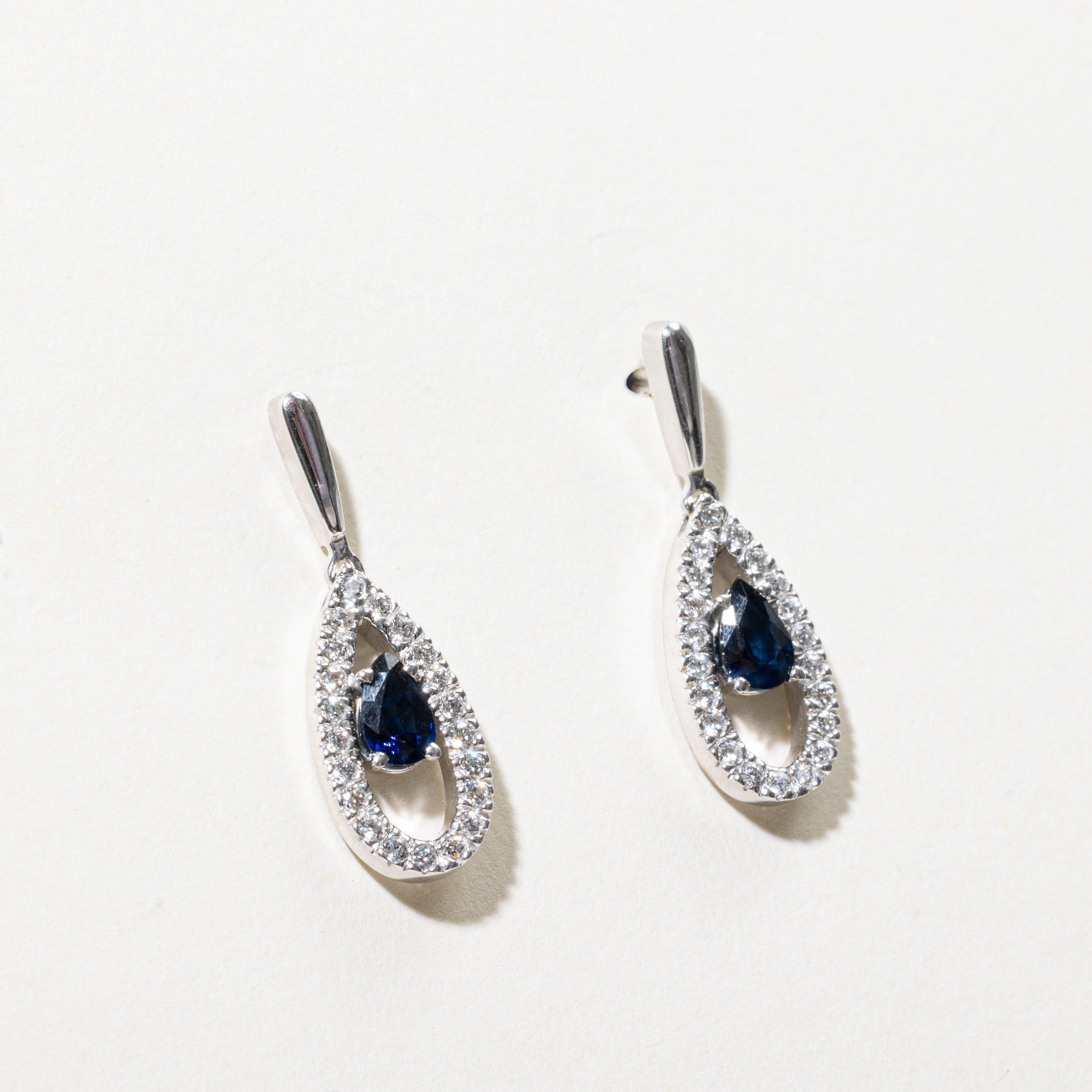 Pear Cut Sapphire & Diamond Halo Drop Earrings | 0.90ctw, 0.50ctw