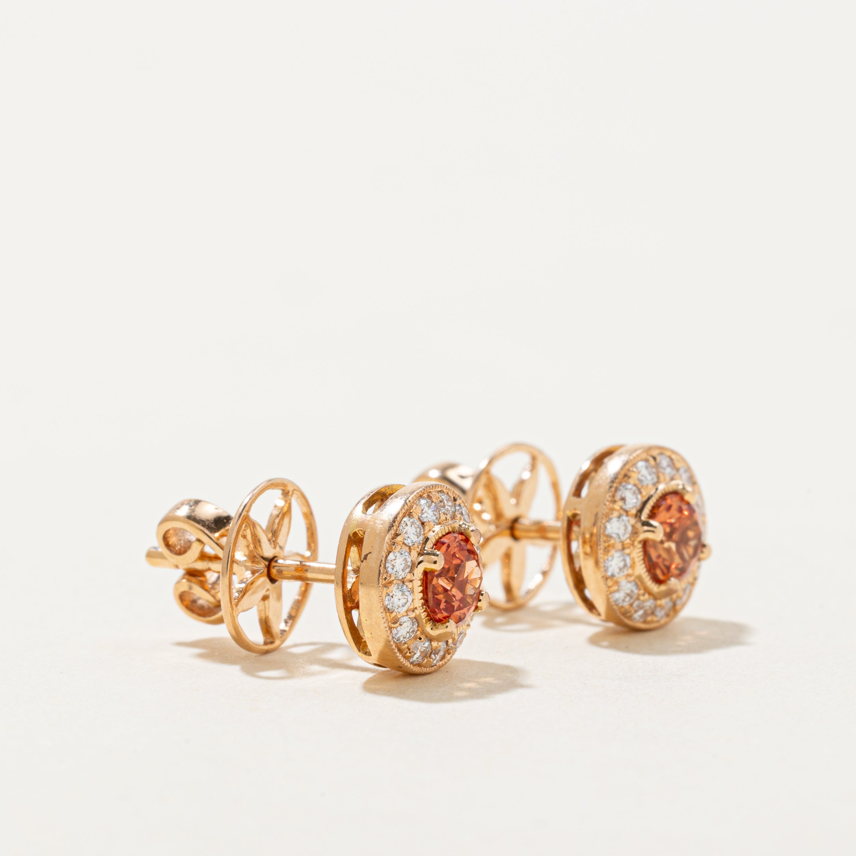 18k Synthetic Orange Sapphire & Diamond Halo Stud Earrings | 0.50ctw, 0.18ctw