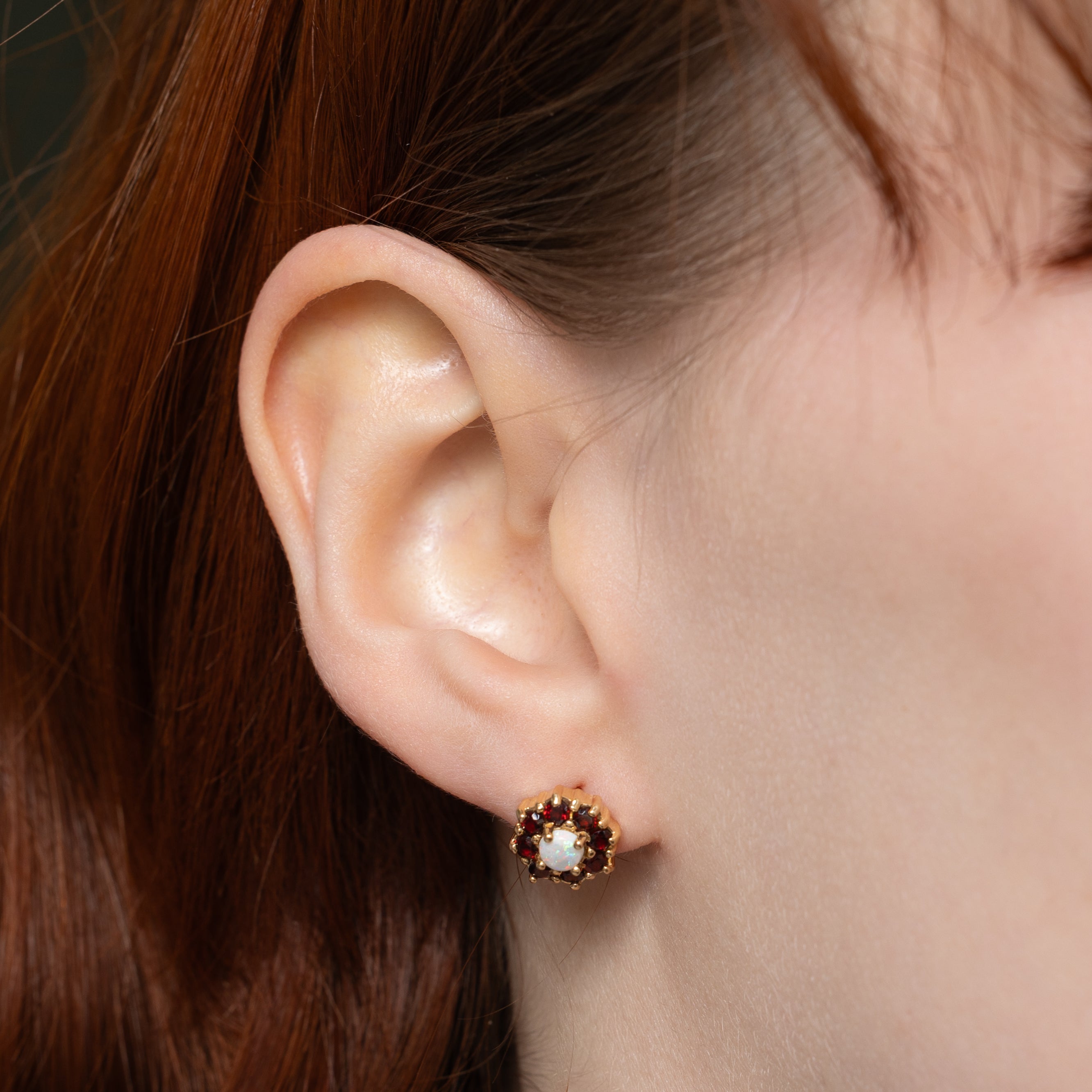 Cabochon Opal & Garnet Halo Stud Earrings | 1.10ctw