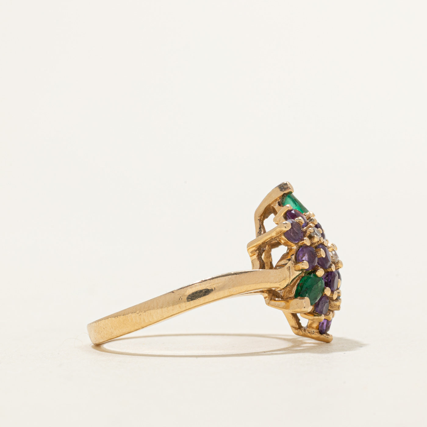 Amethyst, Emerald & Diamond Floral Cluster Cocktail Ring | 0.80ctw, 0.07ctw | SZ 8.5