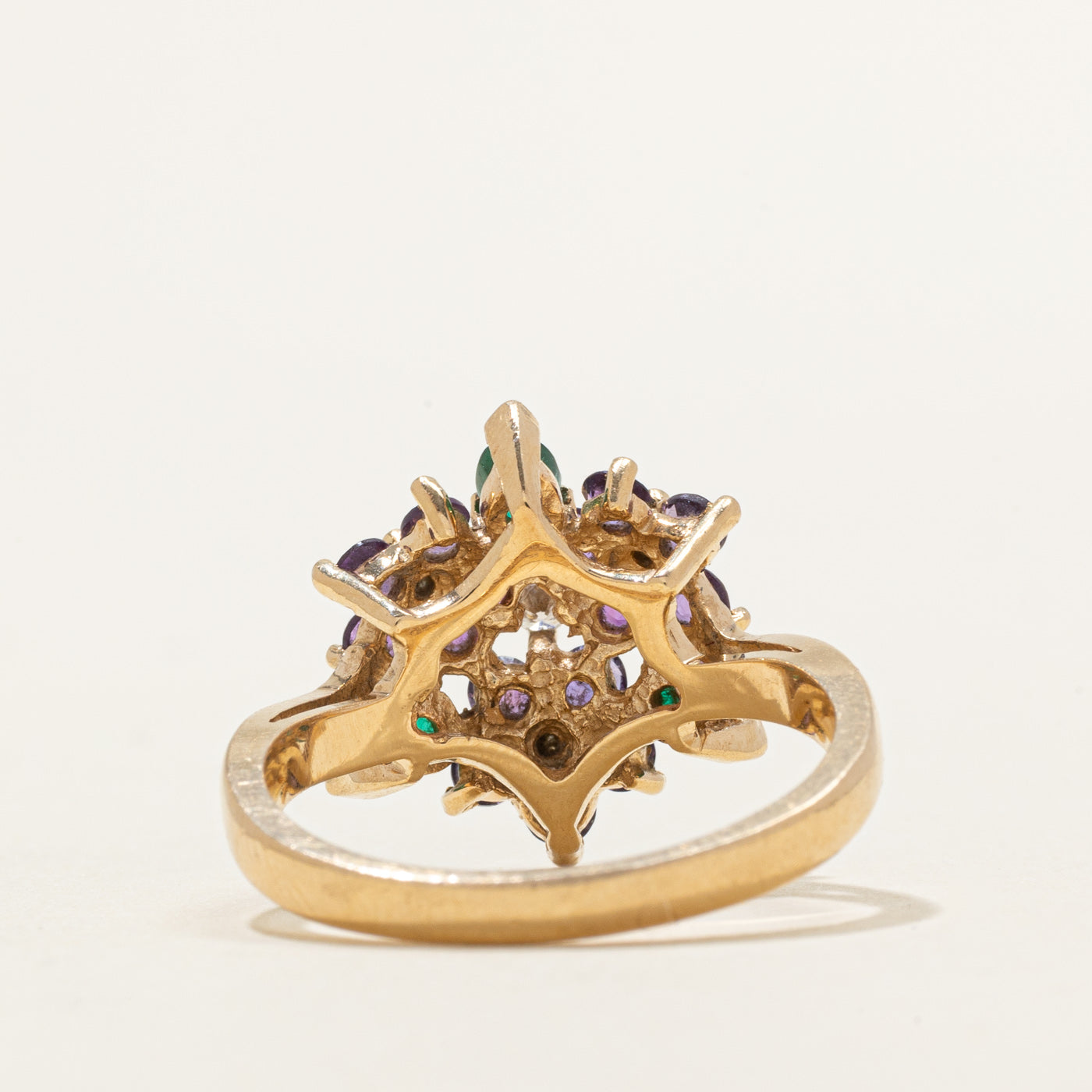 Amethyst, Emerald & Diamond Floral Cluster Cocktail Ring | 0.80ctw, 0.07ctw | SZ 8.5